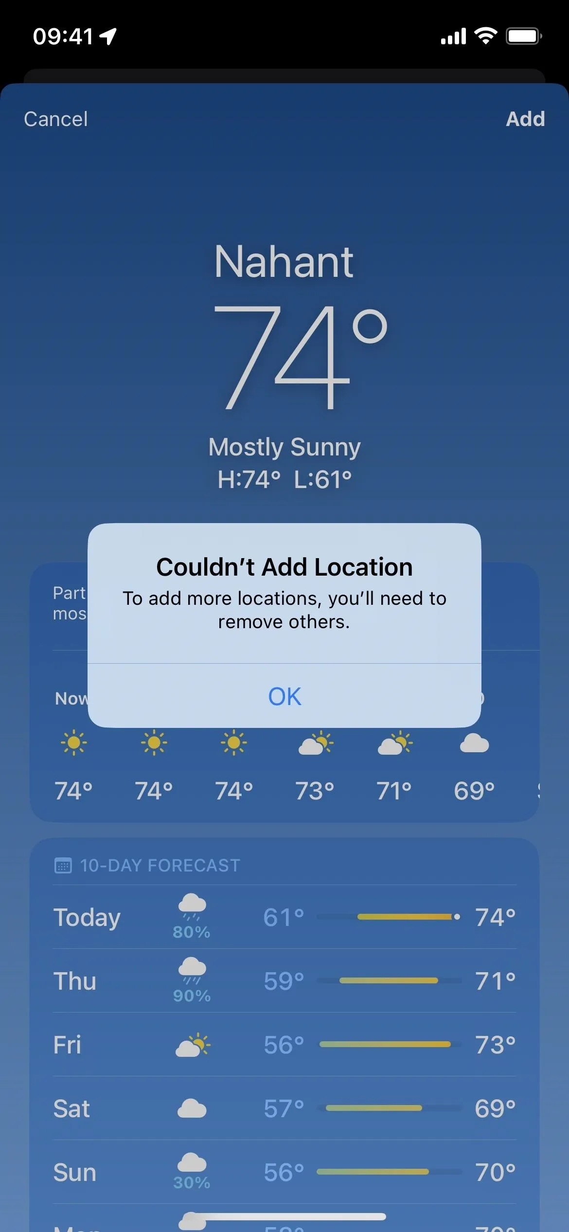 Weather forecast for Nashville showing a temperature of 74°F and daily summaries.