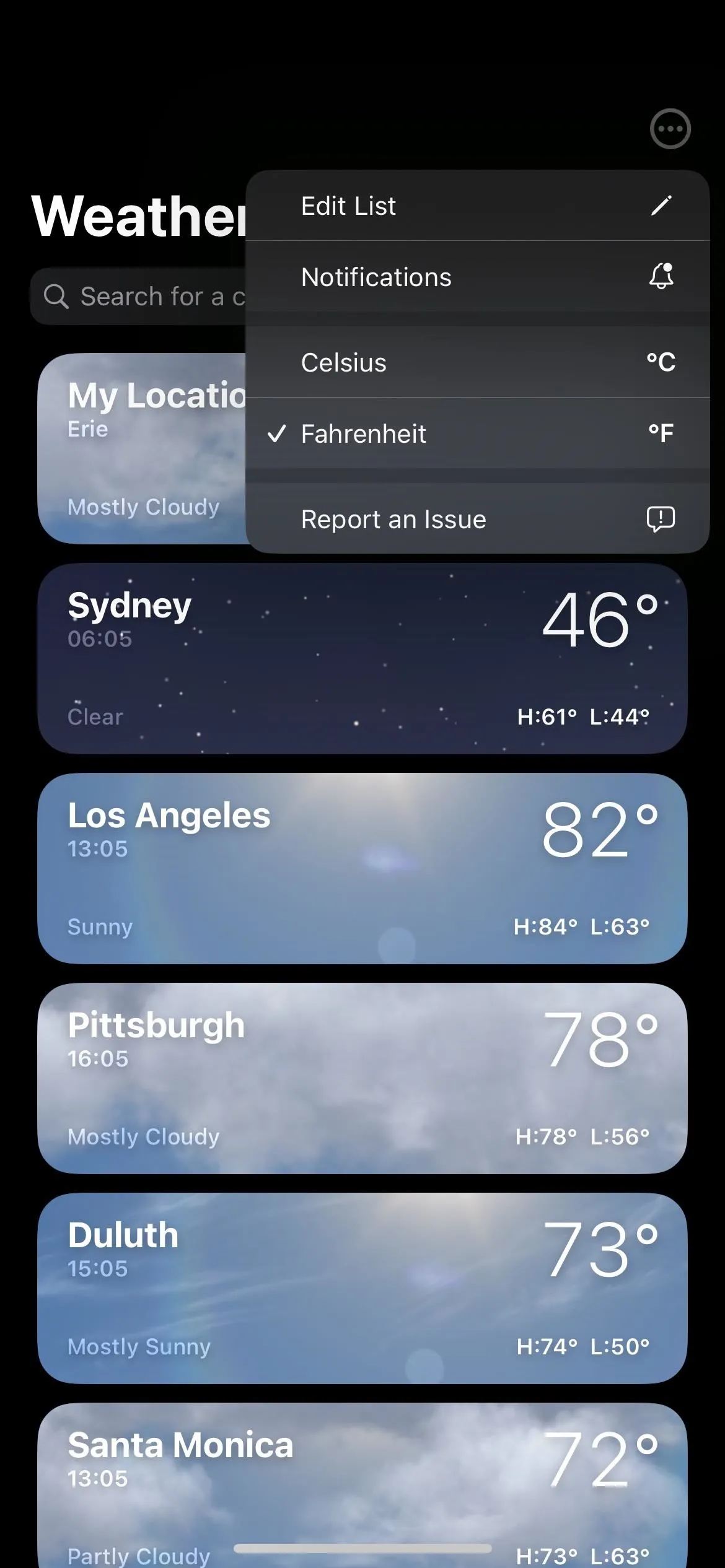 Weather app interface displaying temperatures for various cities.