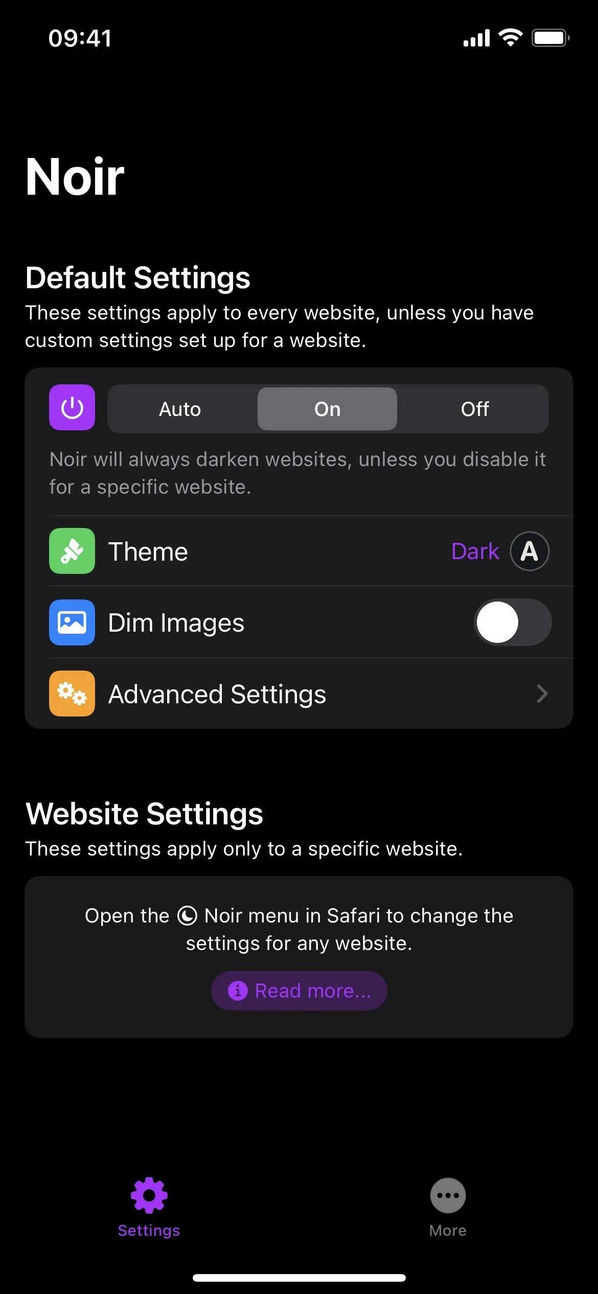 App settings page with options for themes and website adjustments.