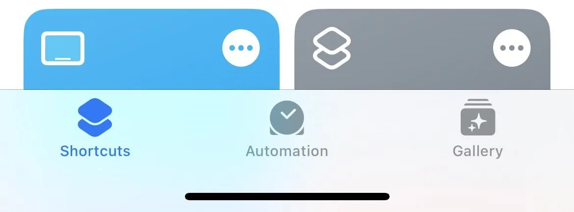 Shortcuts, Automation, and Gallery interface icons