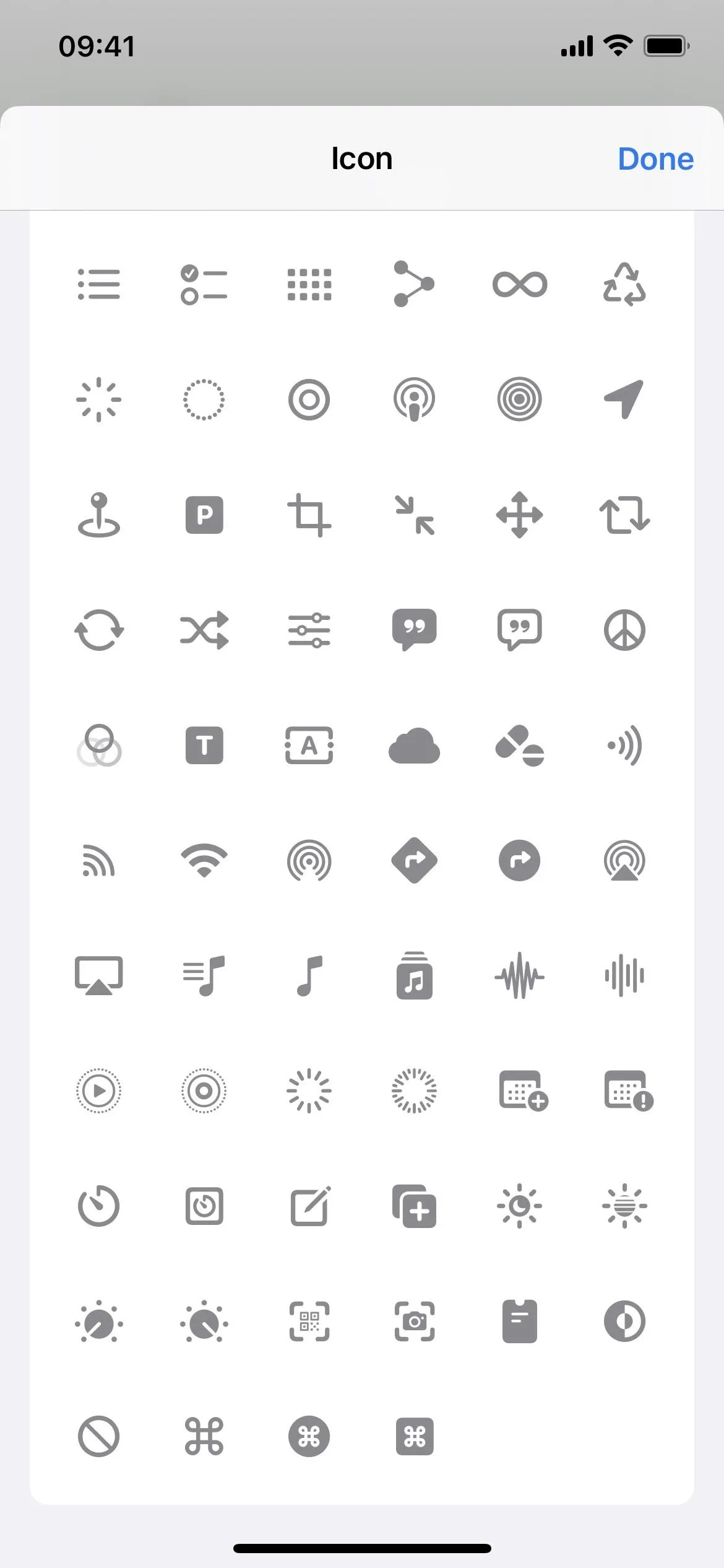 Icon selection grid with various symbols and shapes.