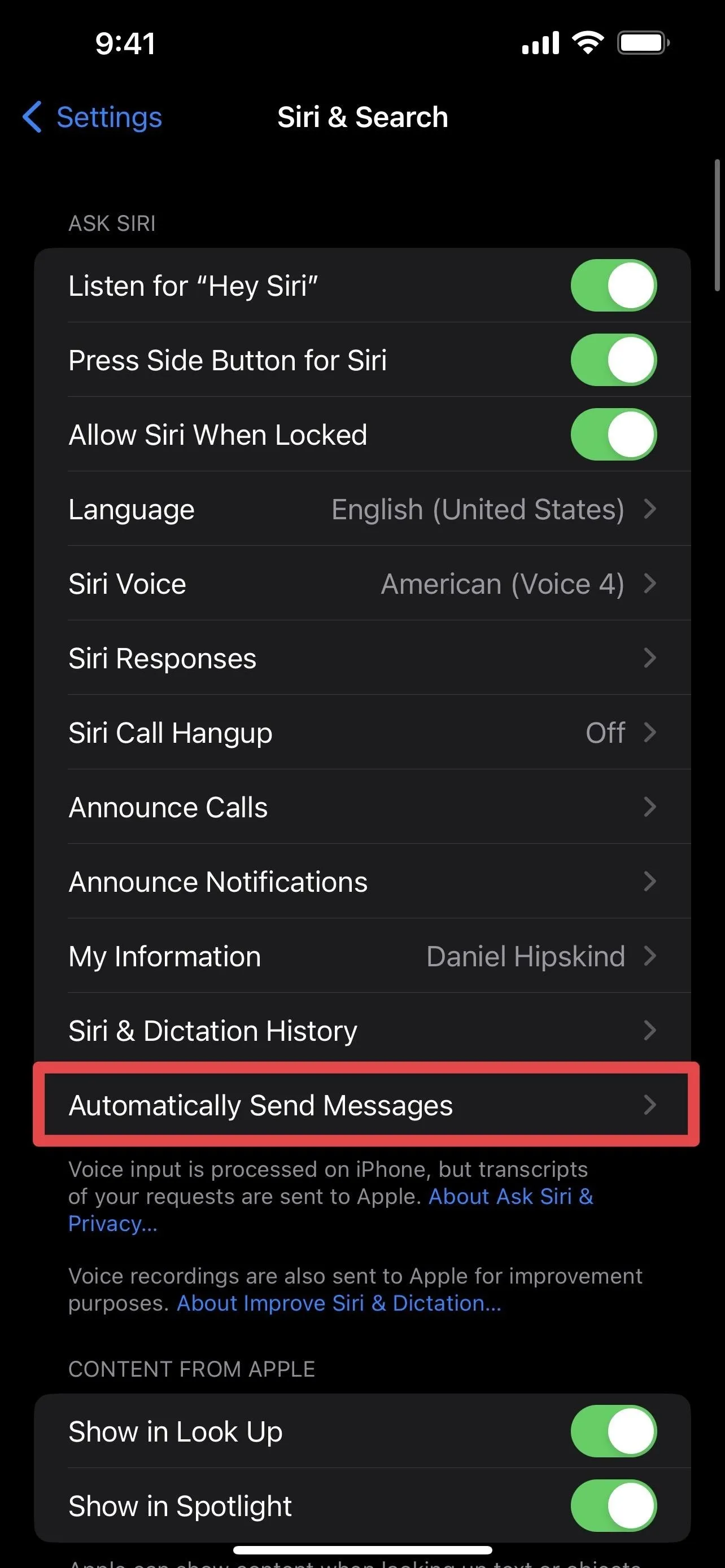 Settings menu with options for notifications and message management.