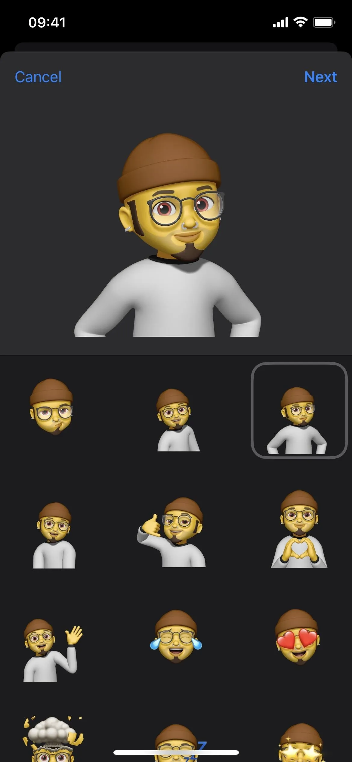 Cartoon character with brown hair and glasses showing various expressions and gestures.