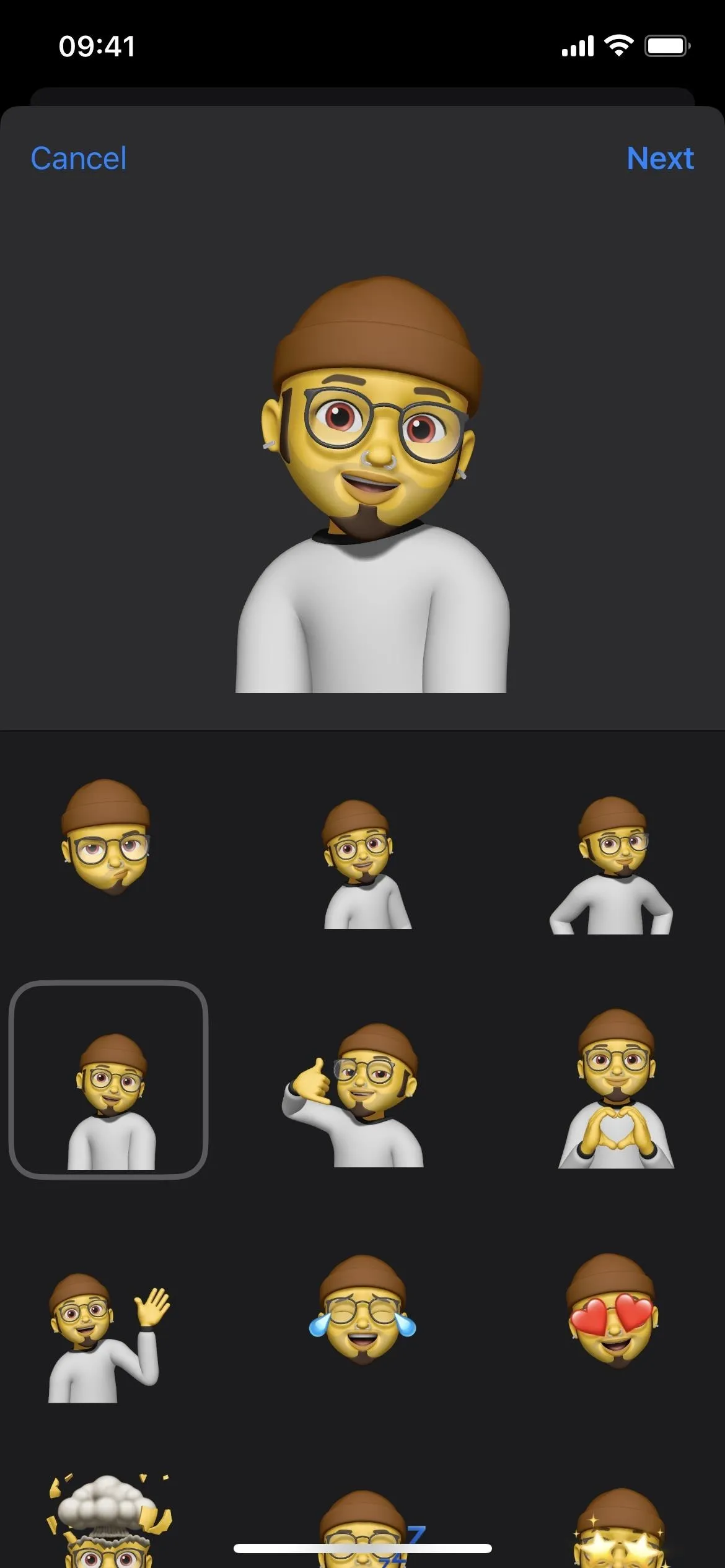 A selection of animated character emojis with a focus on a character wearing glasses and a cap.