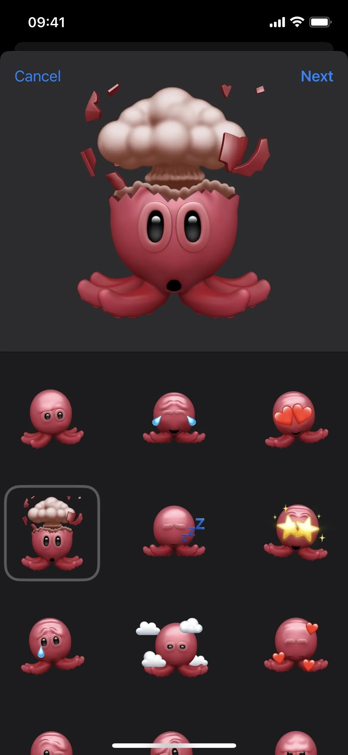 Cartoon octopus character with various facial expressions and accessories.