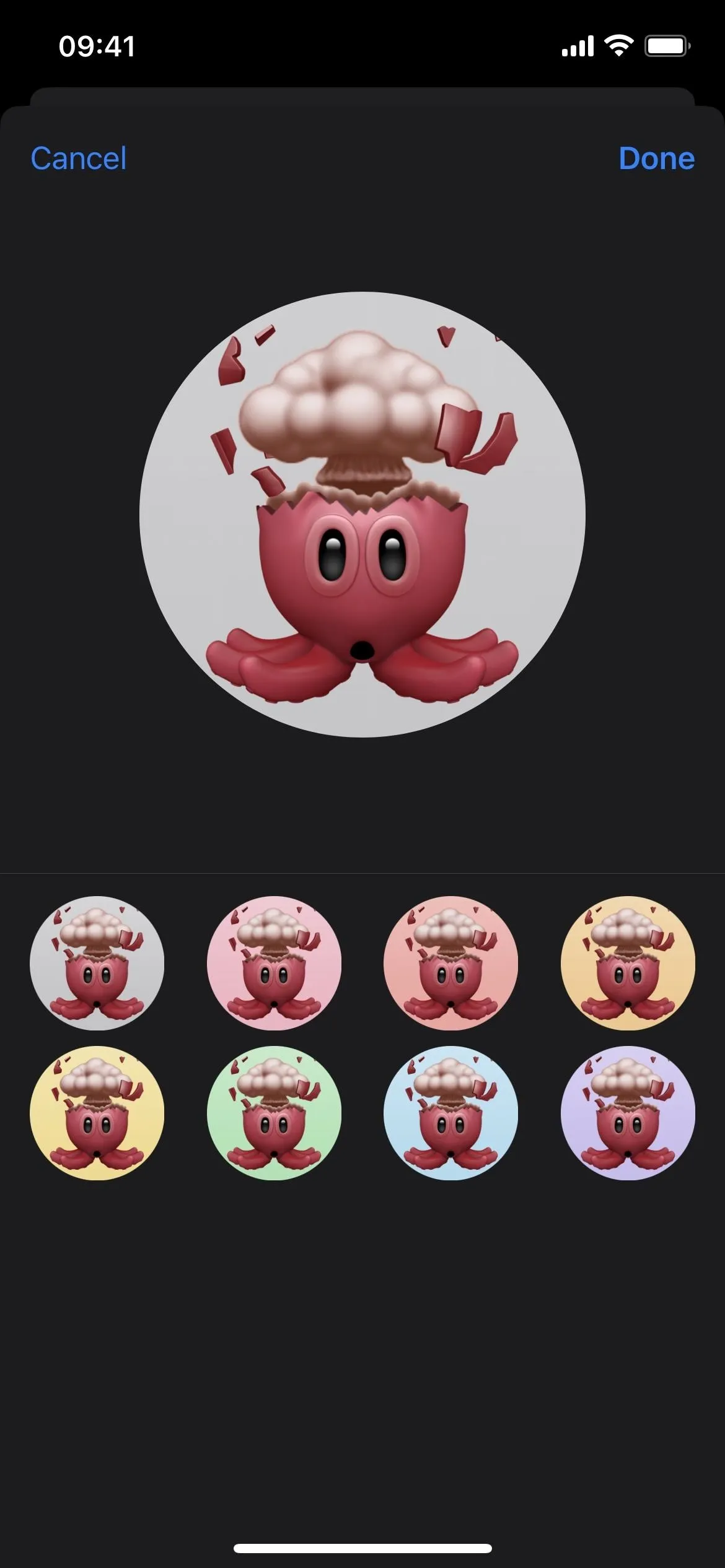 Animated character design featuring a pink octopus with a whimsical cloud on its head, surrounded by various colorful icons.