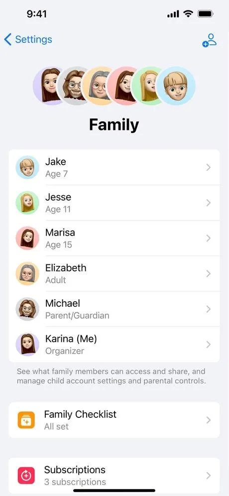 Family member list in a mobile app.