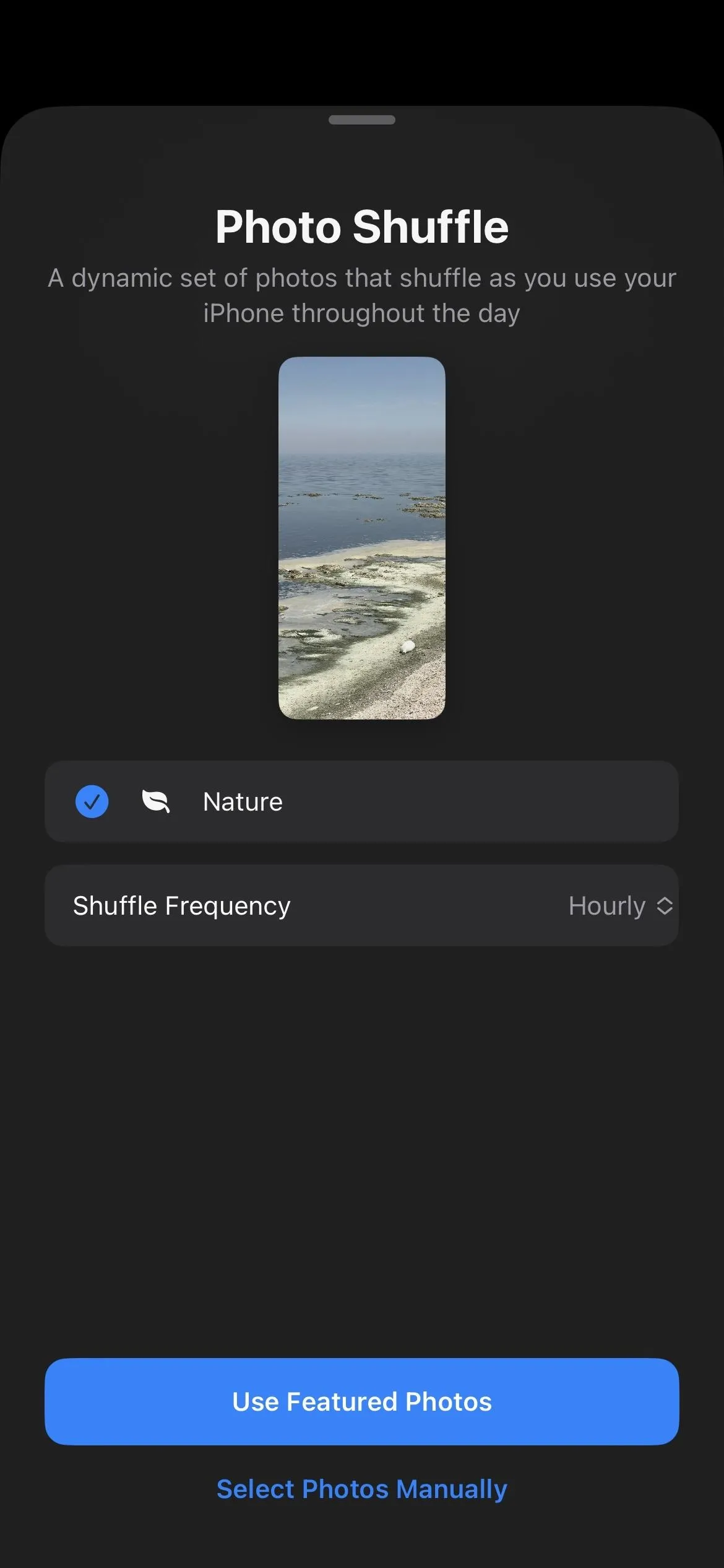 Photo shuffle interface with image preview and options for selection.