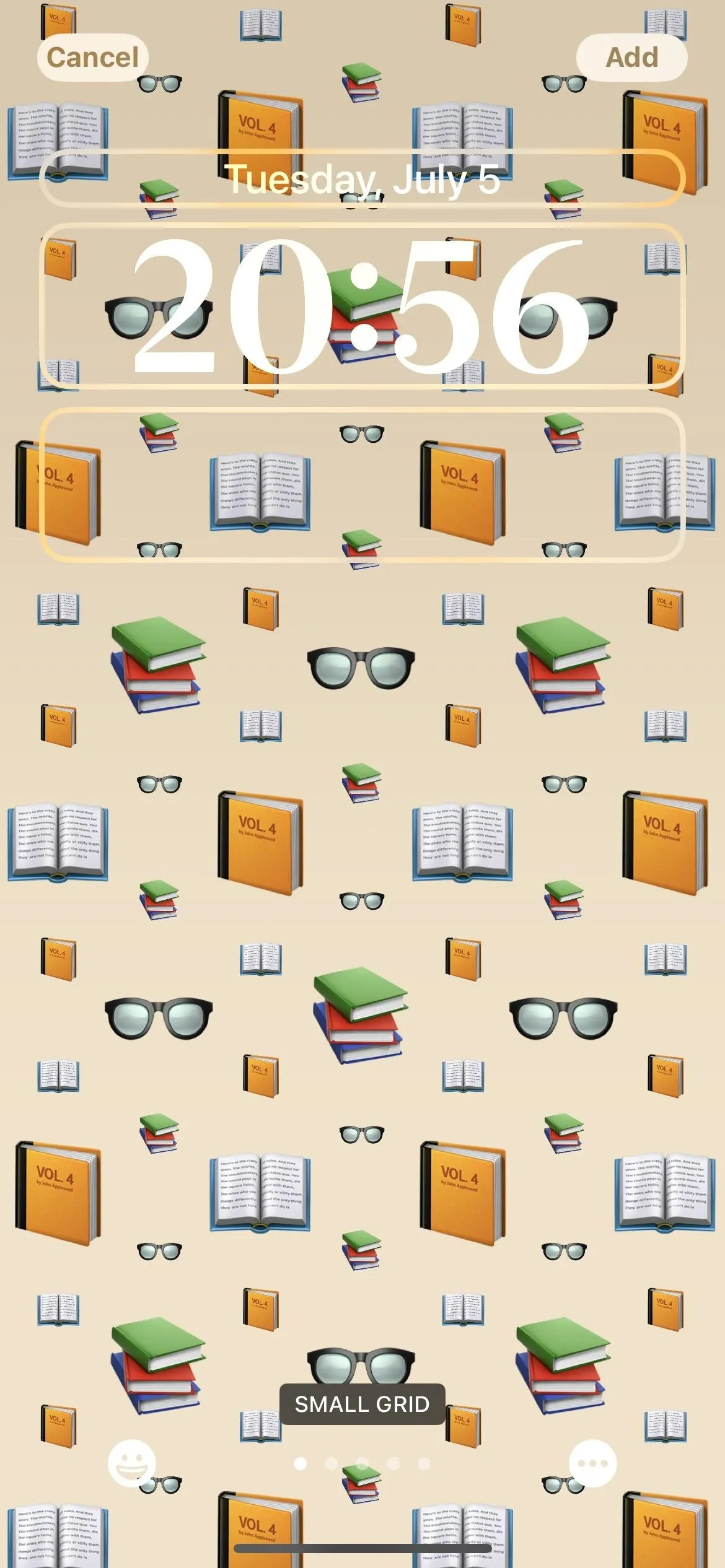 Pattern of books, glasses, and a clock displaying 20:56.