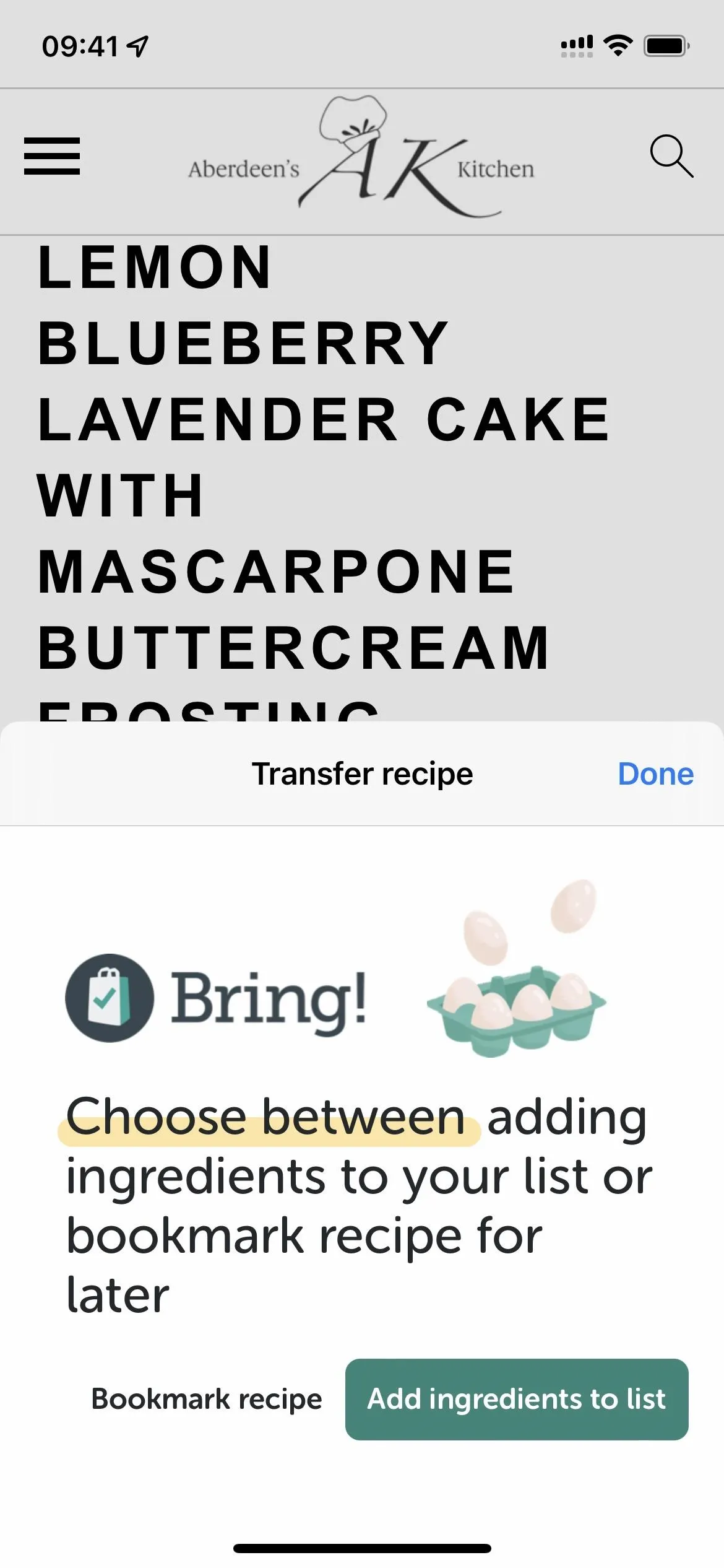 Lemon blueberry lavender cake recipe with buttercream frosting and a mobile app interface for ingredient list management.