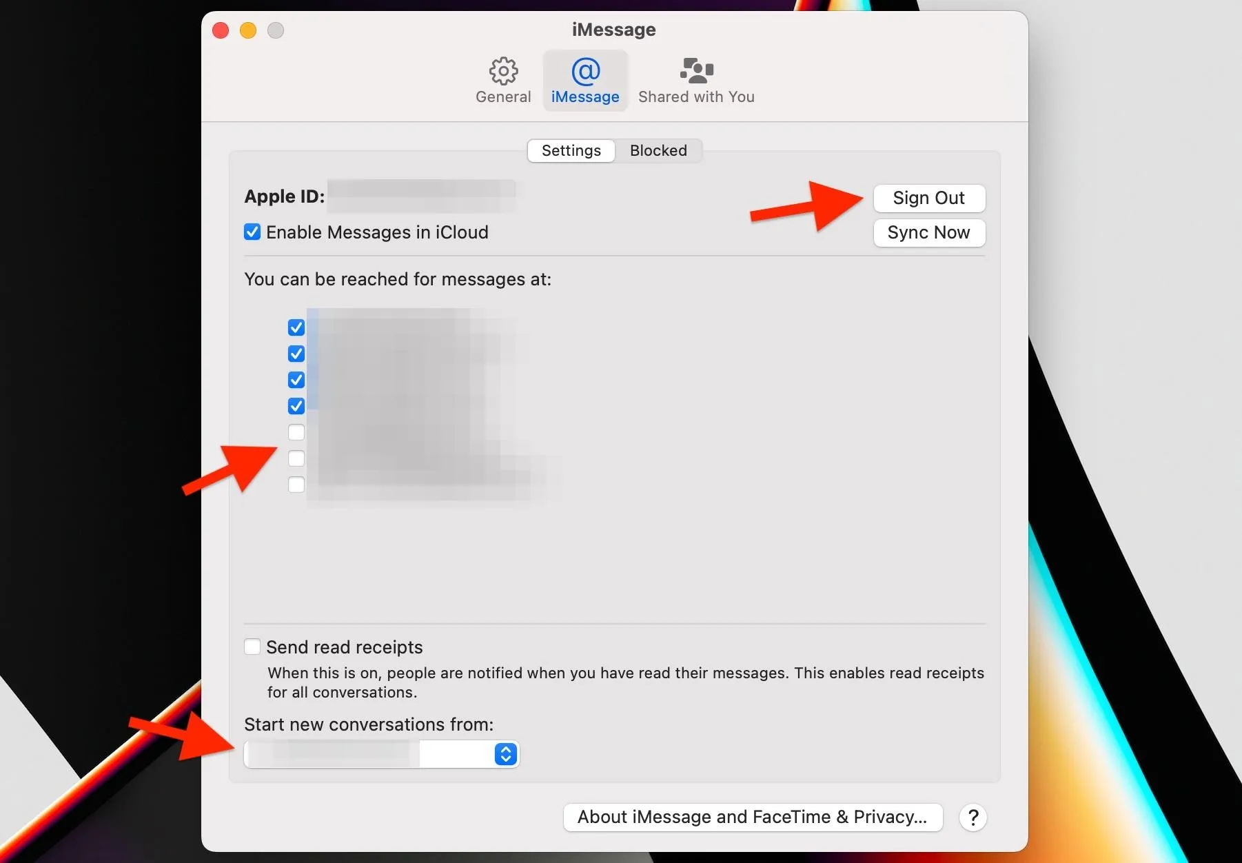 Apple Messages settings interface with options for signing out and enabling features.