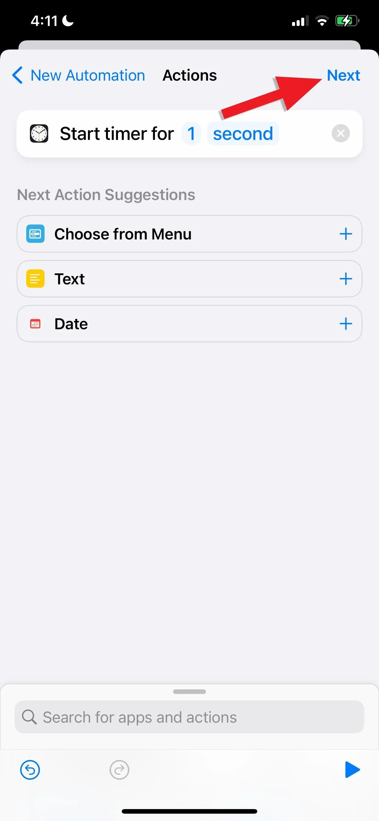 Settings menu on a mobile device with an arrow pointing to the "Next" option.