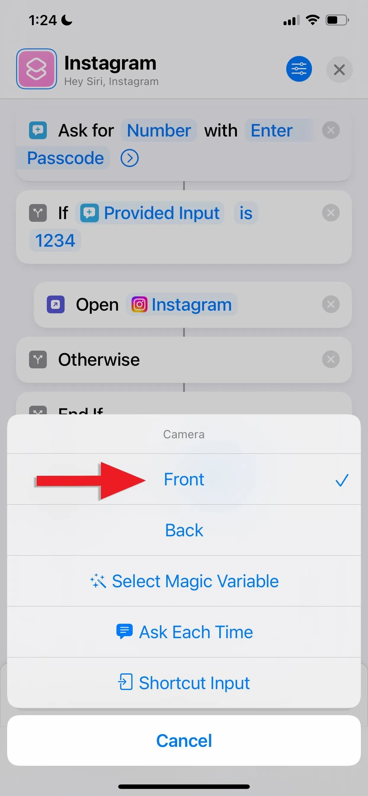 Settings menu on a mobile device displaying options related to Instagram, with a focus on the "Font" option highlighted.