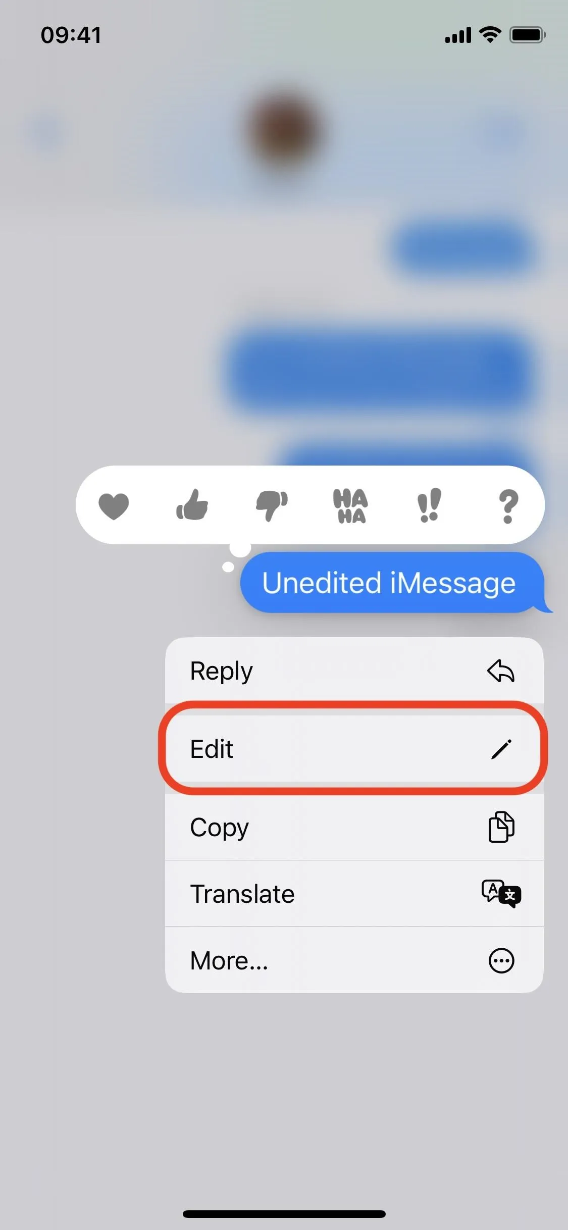 Screenshot of a messaging app interface highlighting the "Edit" option in a chat menu.