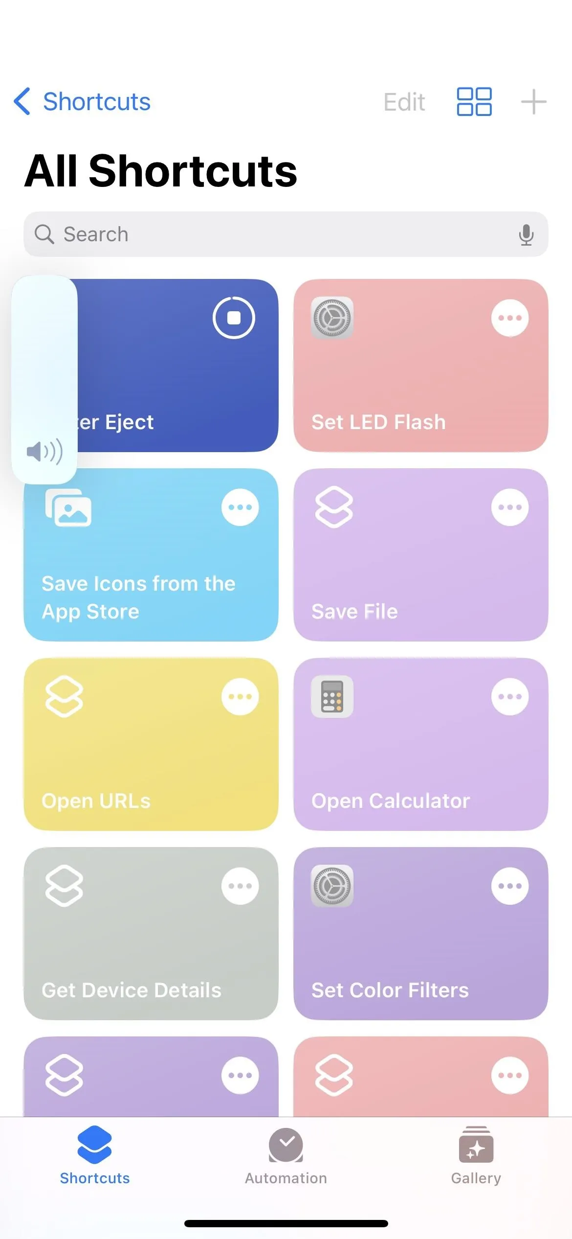 App interface displaying various shortcuts in a grid layout.