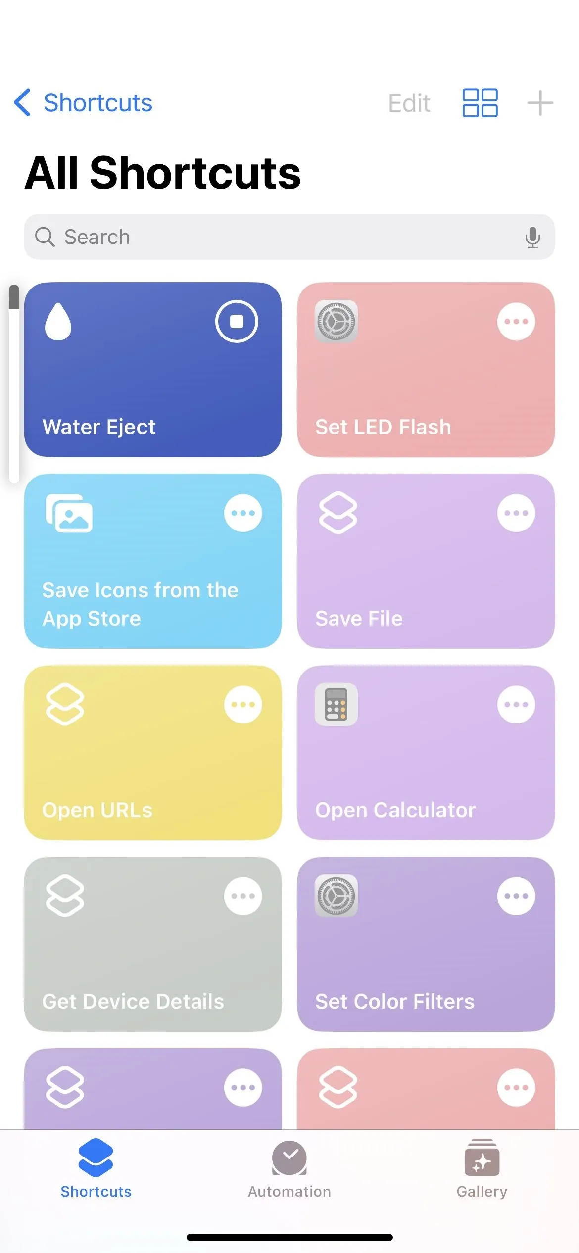 Screenshot of a mobile app displaying a collection of shortcuts organized by color.