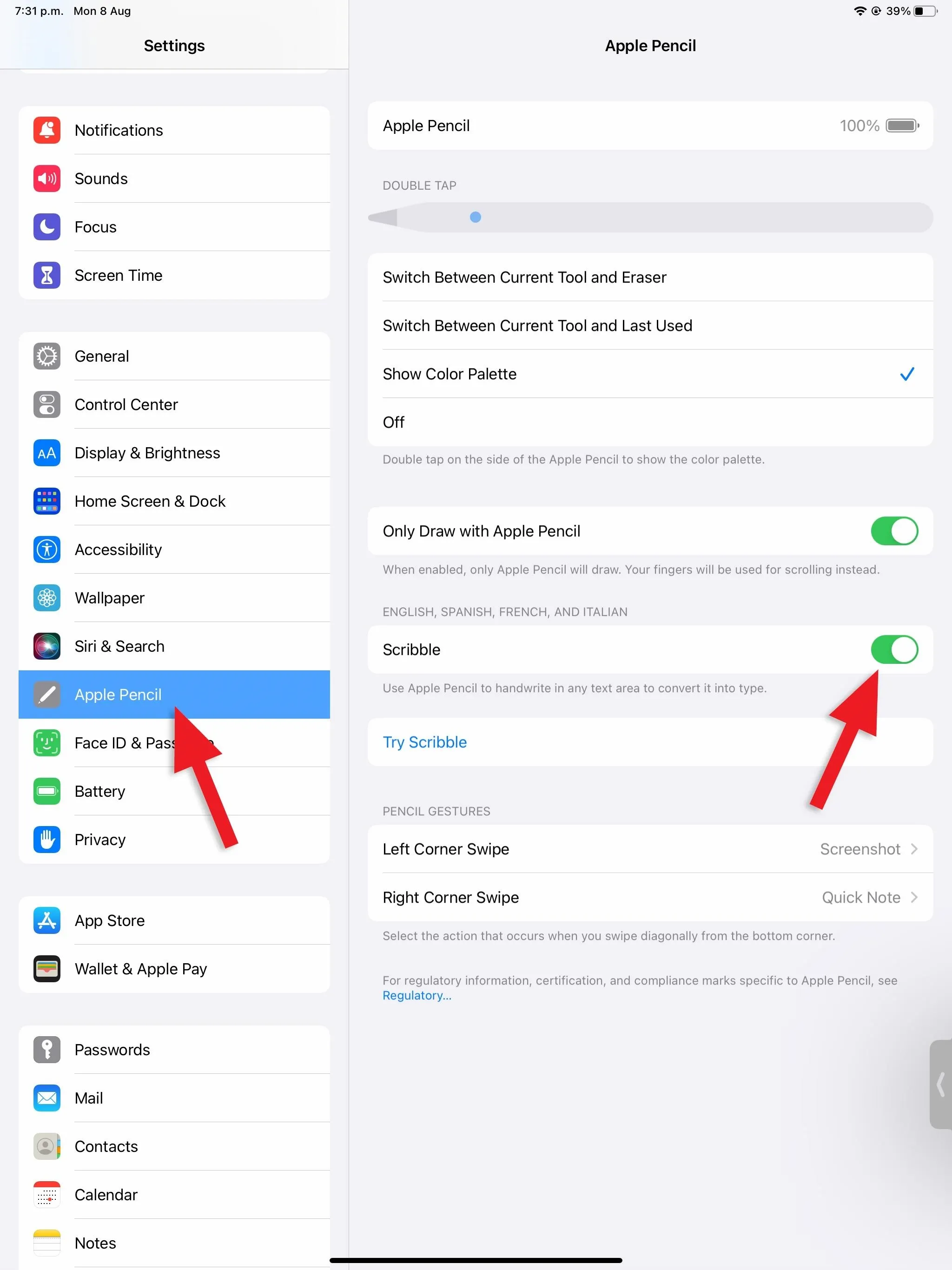 Settings menu on a device with options for Apple ID and features highlighted with arrows.