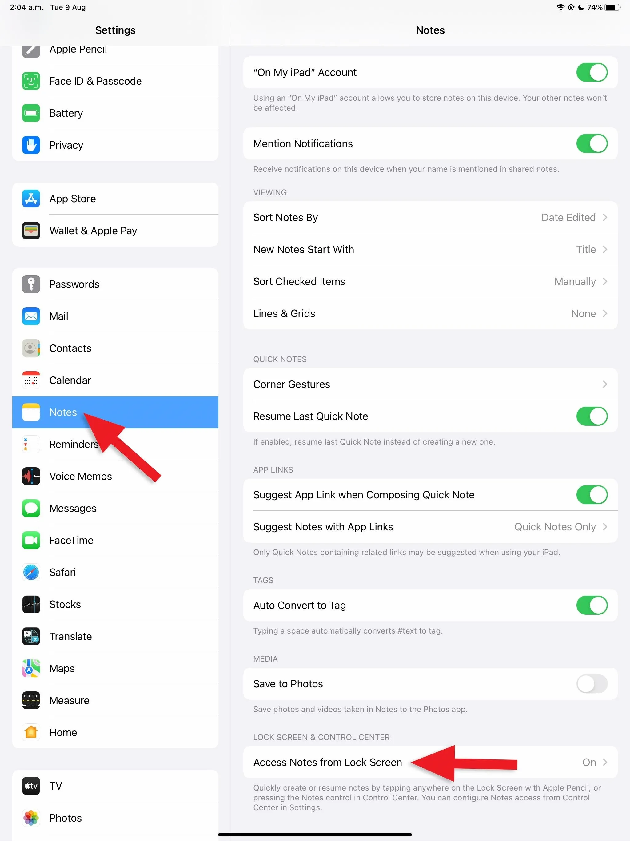 Settings menu on an iPad with highlighted options.