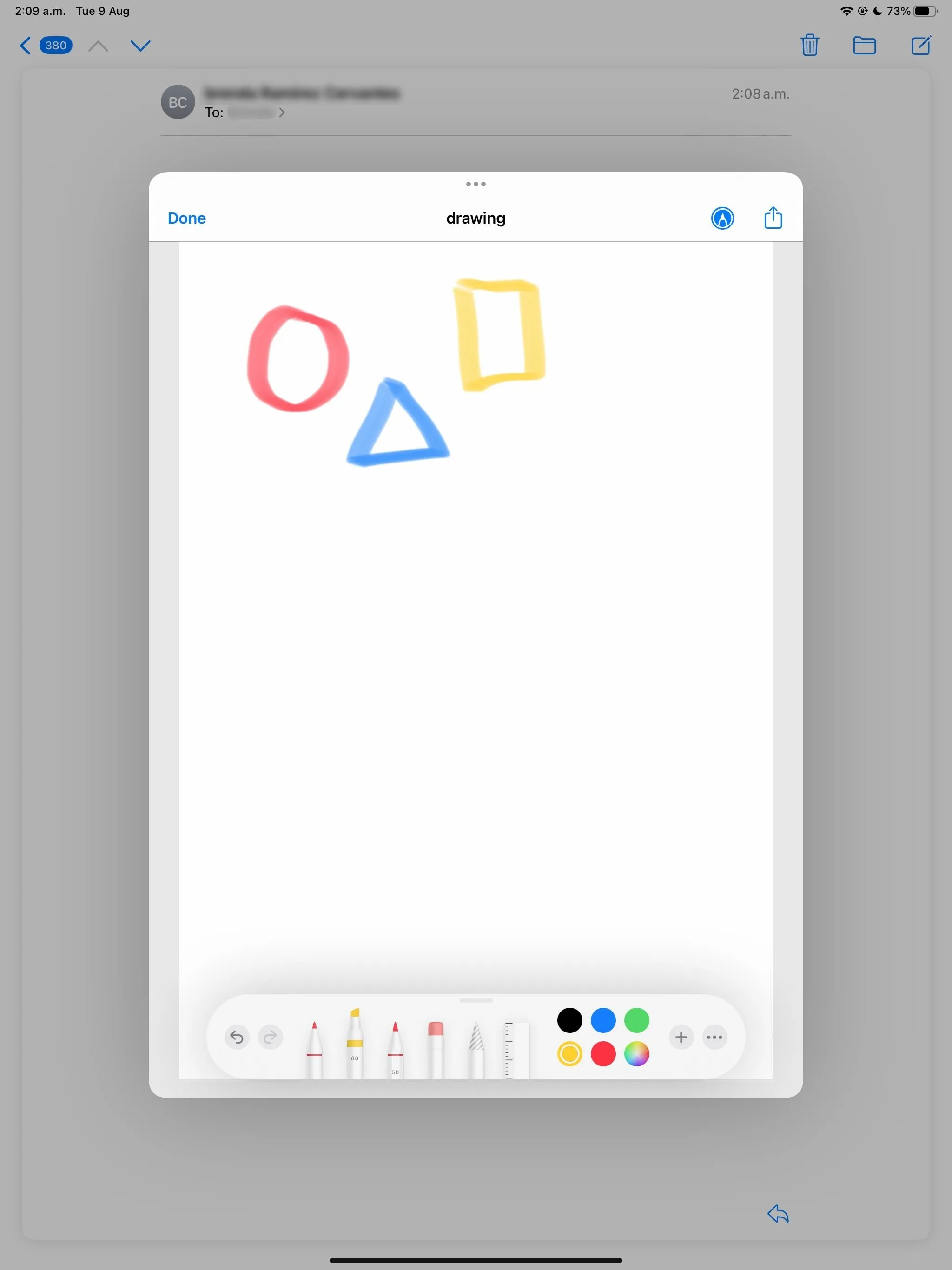 Drawing of basic geometric shapes: a red circle, a blue triangle, and a yellow square on a blank canvas.