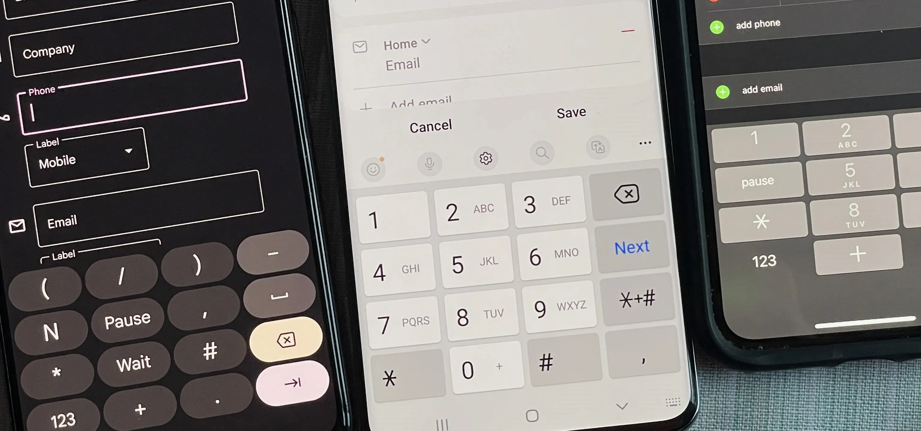 Image of three smartphones displaying forms and a calculator interface.