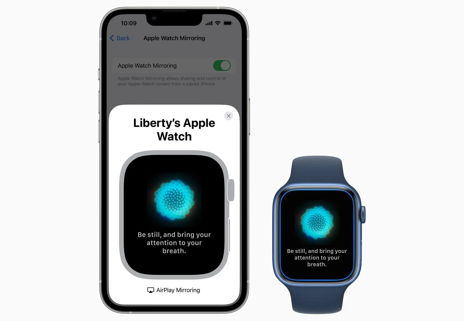 Apple Watch with a blue display showcasing notifications and connection instructions.