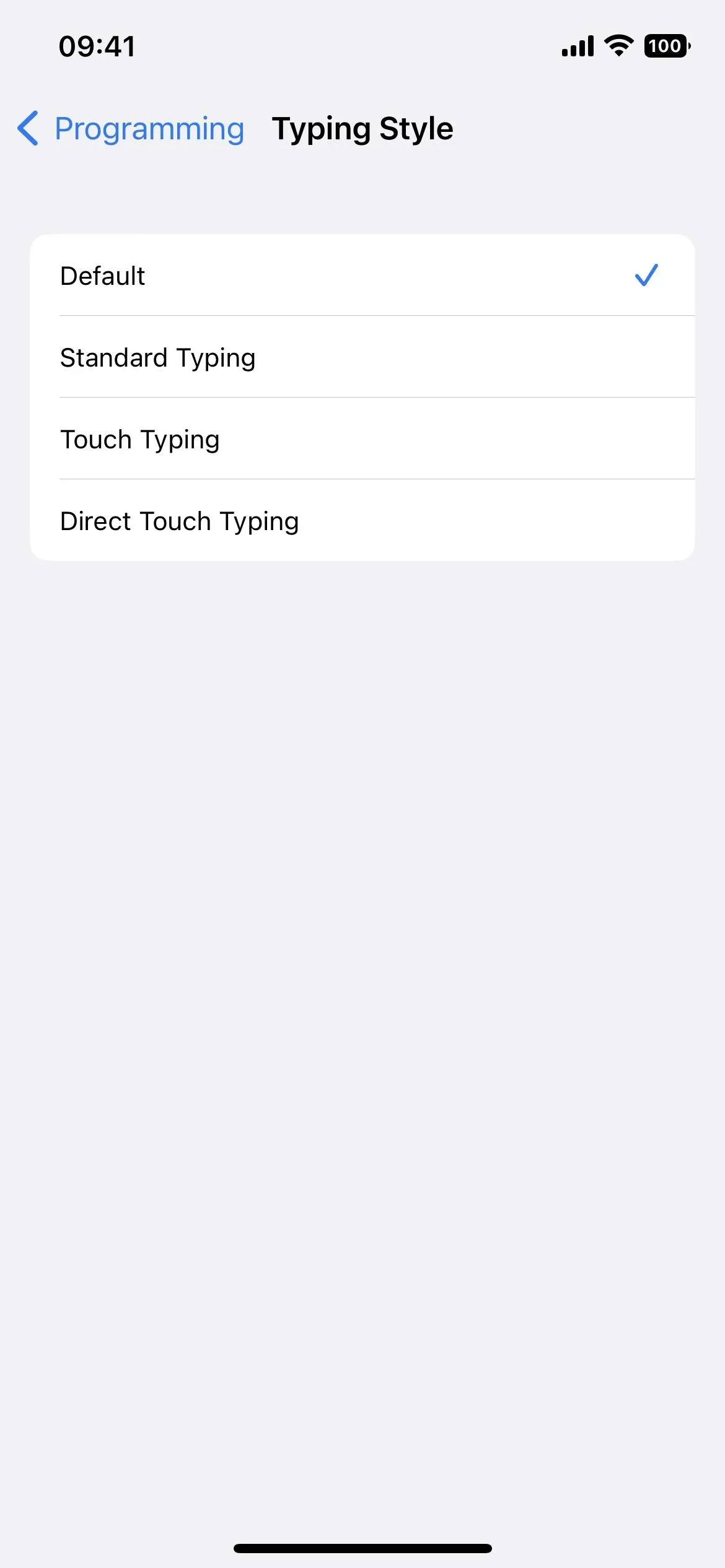 Settings menu with options for selecting typing styles on a mobile device.