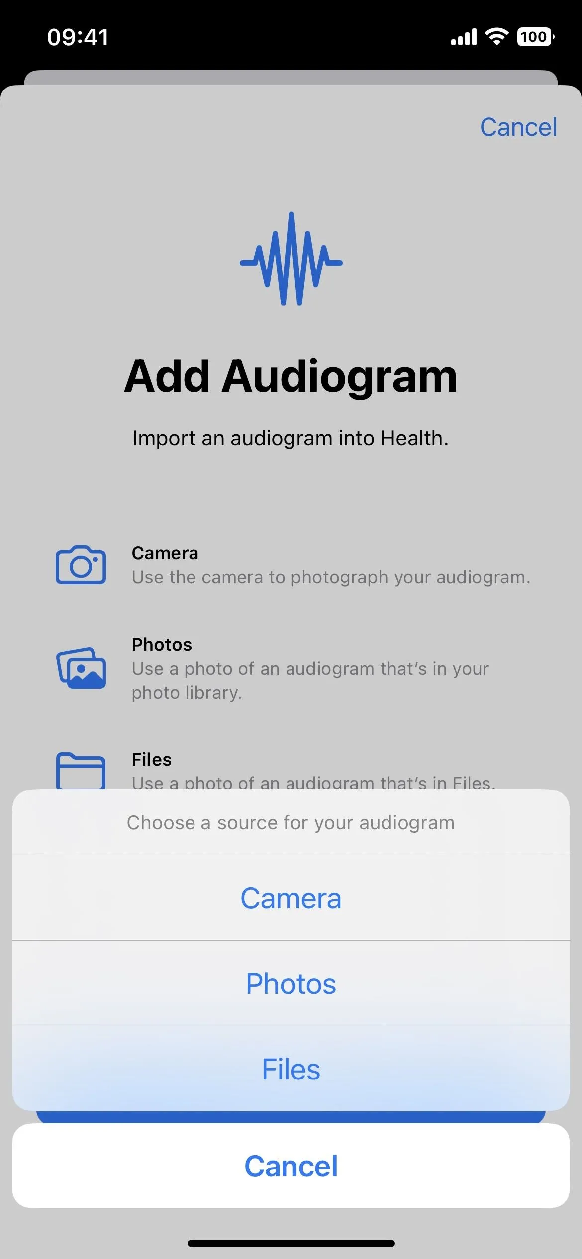 Add an audiogram feature screen on a mobile app, showcasing options for camera, photo, and audio input.