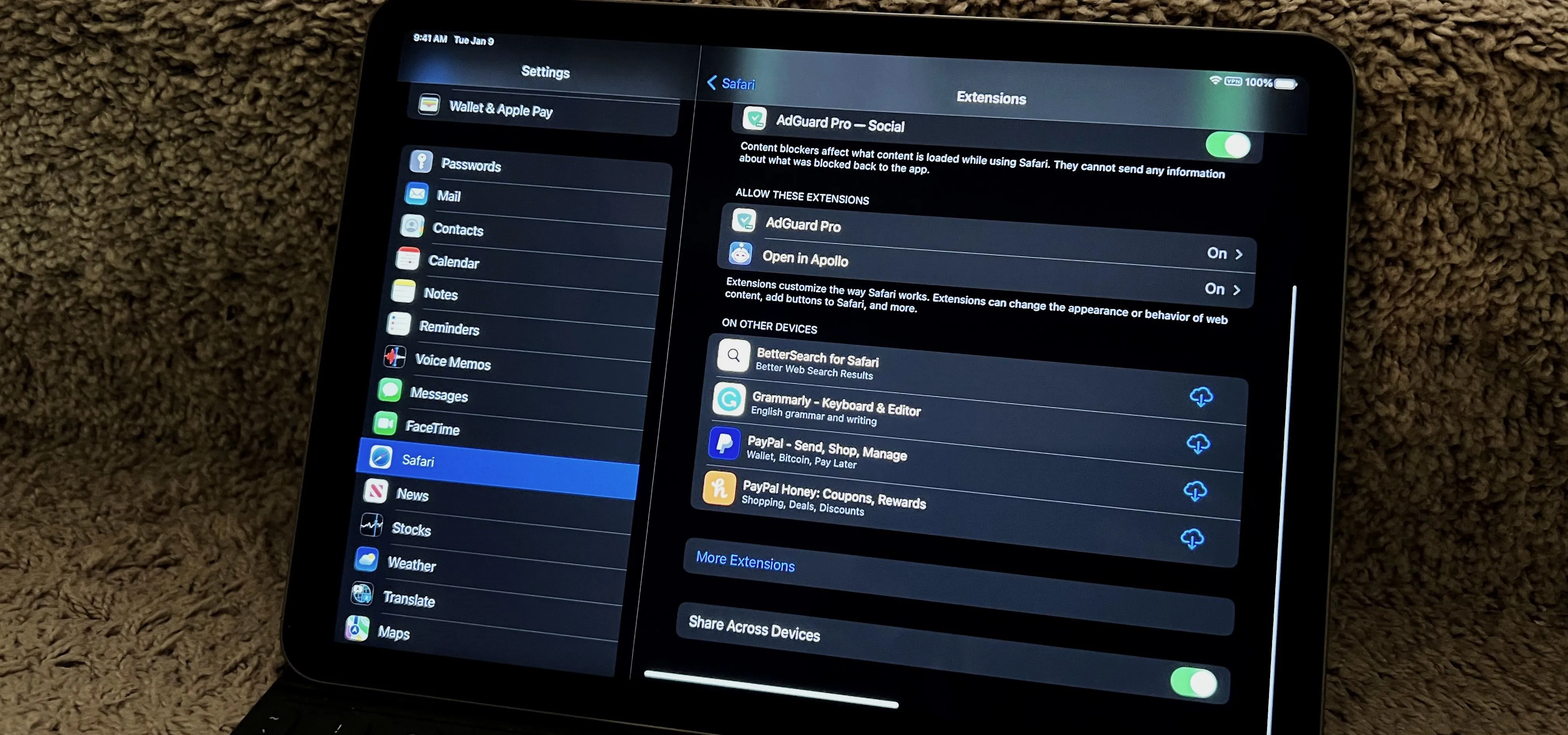 Settings menu displayed on a tablet device with a focus on app permissions and configurations.