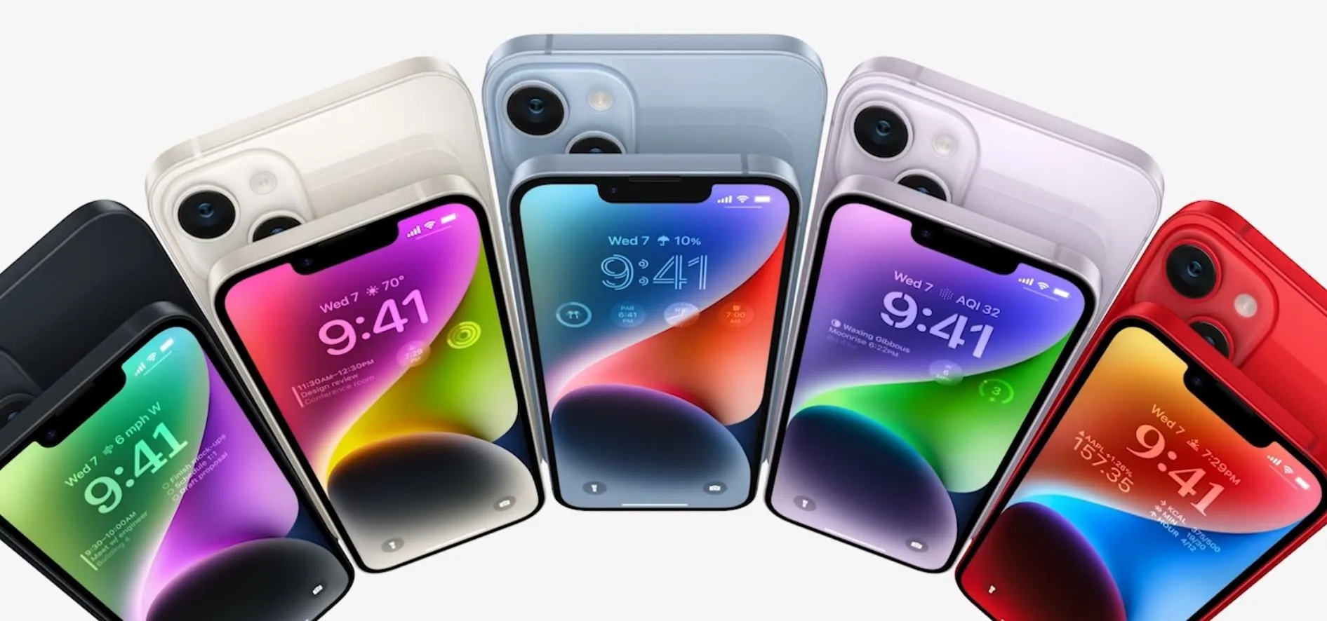 Five smartphones in various colors displaying the time and colorful backgrounds.