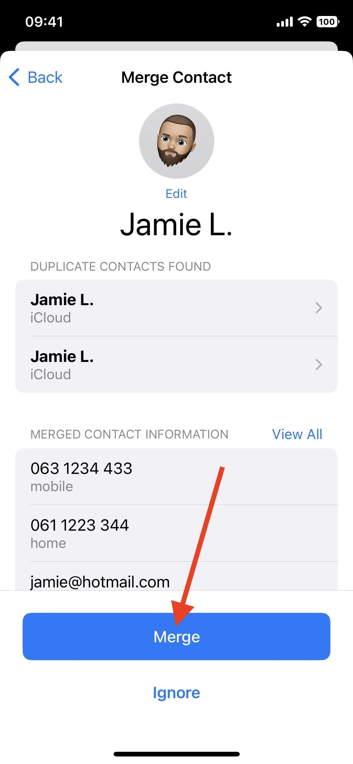 Contact information screen for Jamie L. with options to merge contacts.