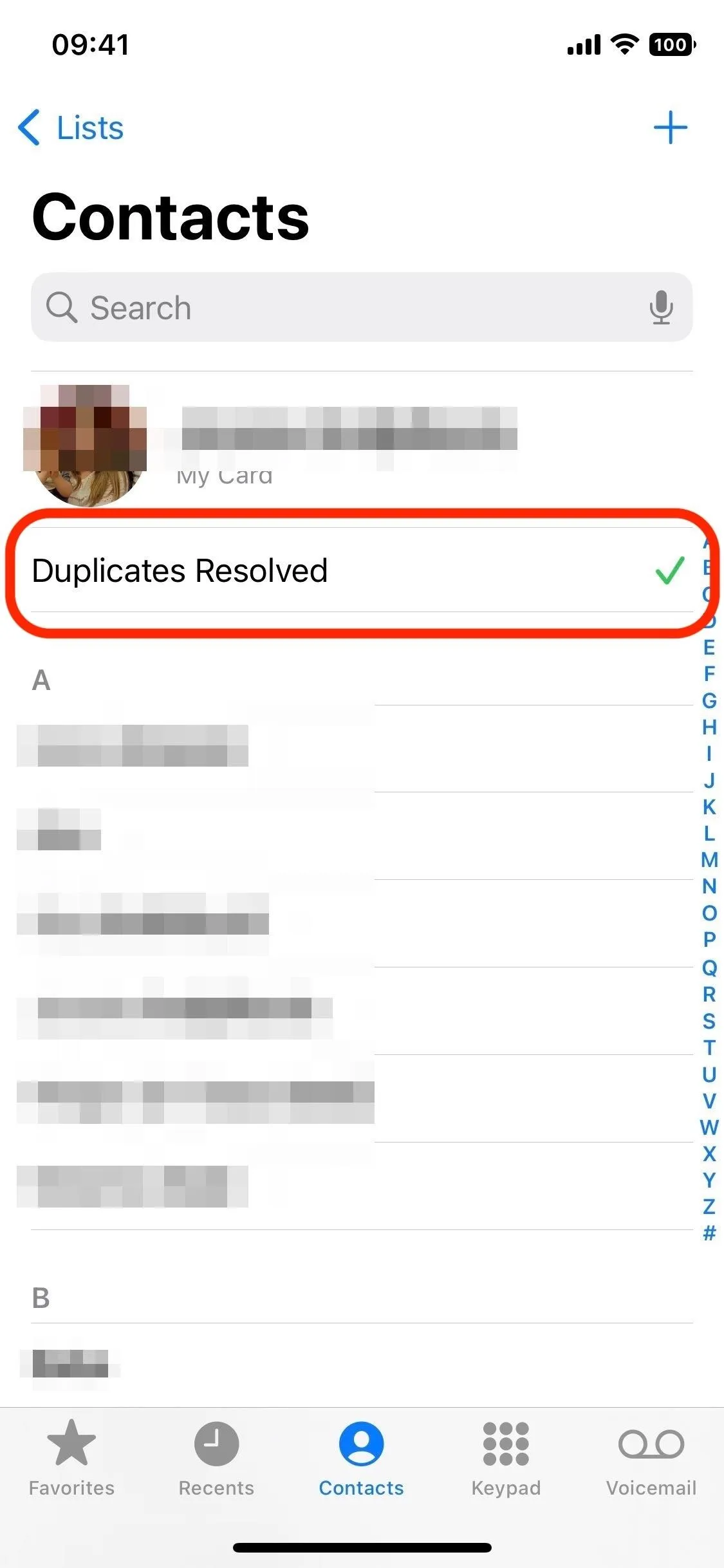 Contacts list with highlighted entry for 'Duplicate Restaurant.'