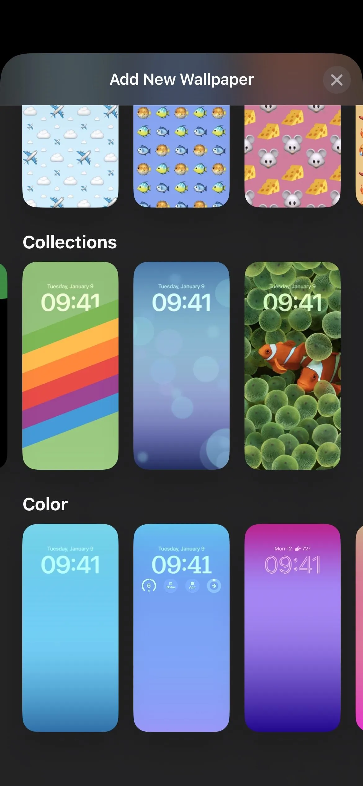 Contact screen displaying various wallpaper options with time indicators.