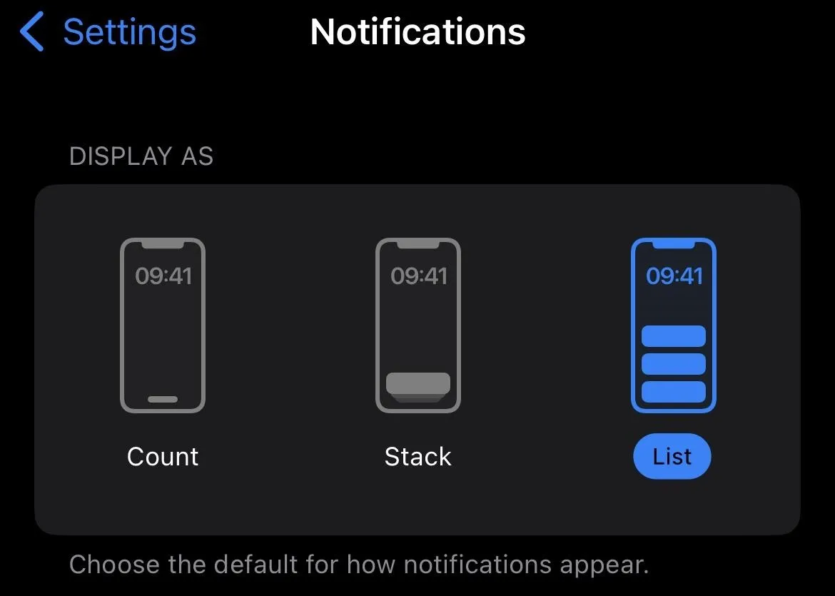 Notification settings display options on a mobile device.