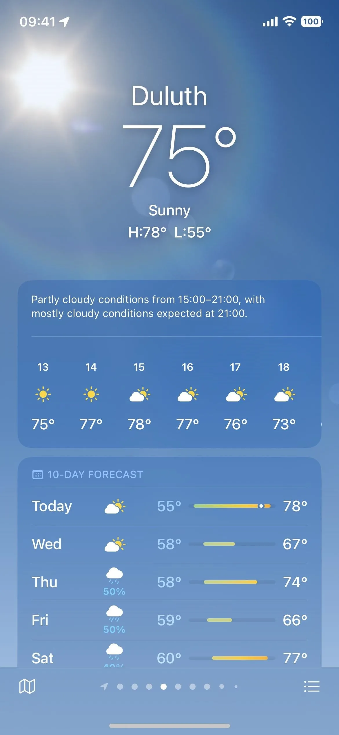 Weather forecast for Duluth showing 75°F and hourly temperature details.