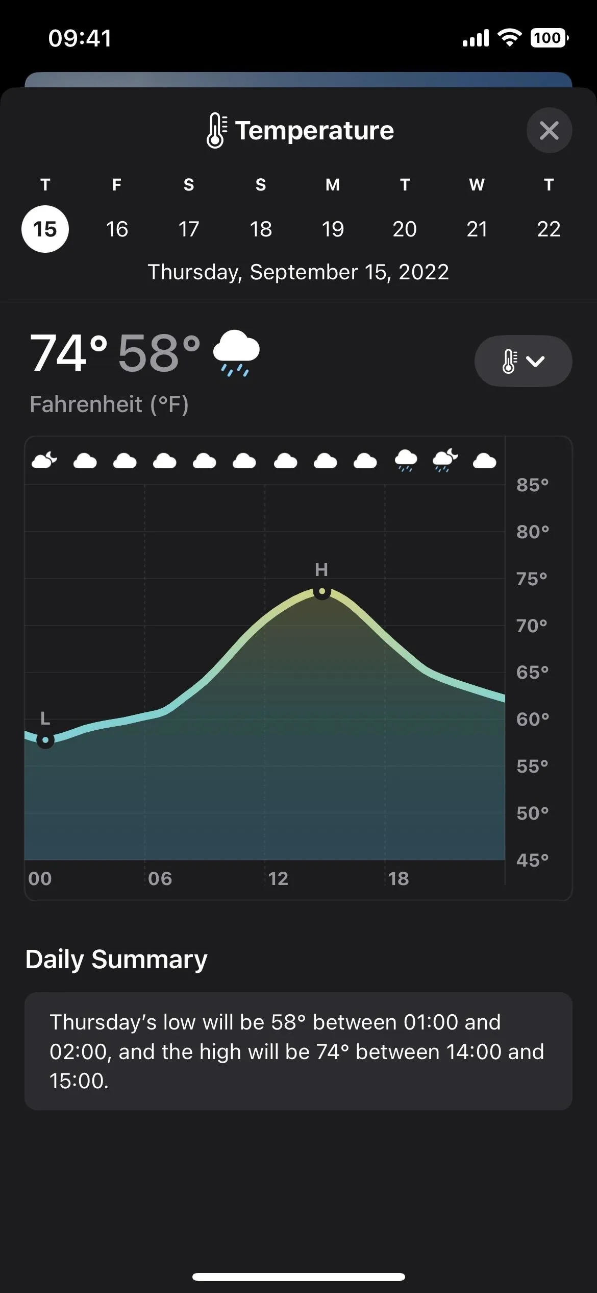 Weather forecast for September 15, 2023, showing a high of 74°F and low of 68°F.