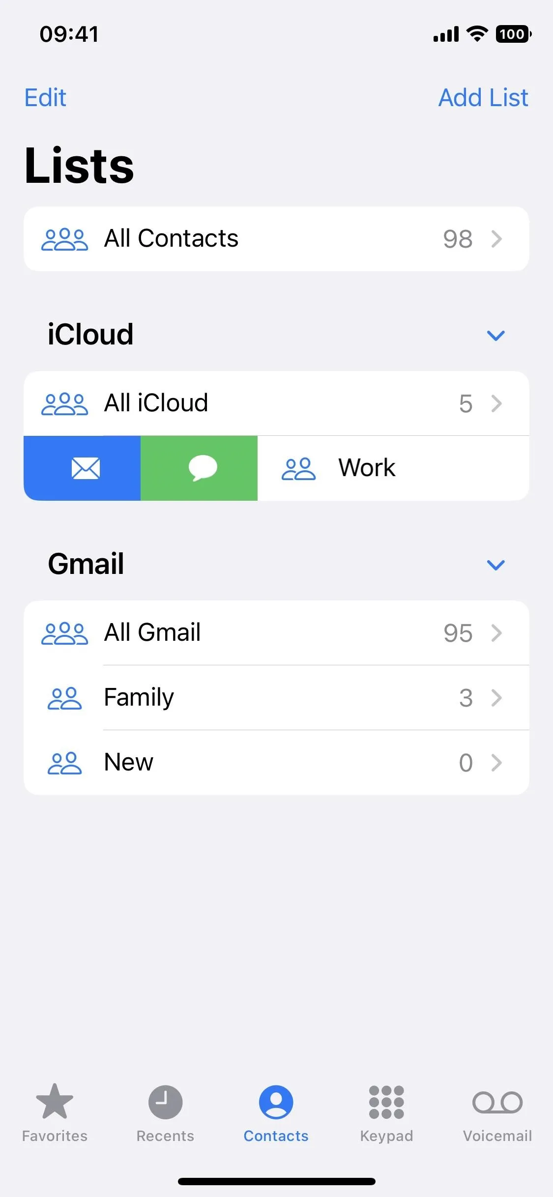 List management interface showing iCloud and email categories.