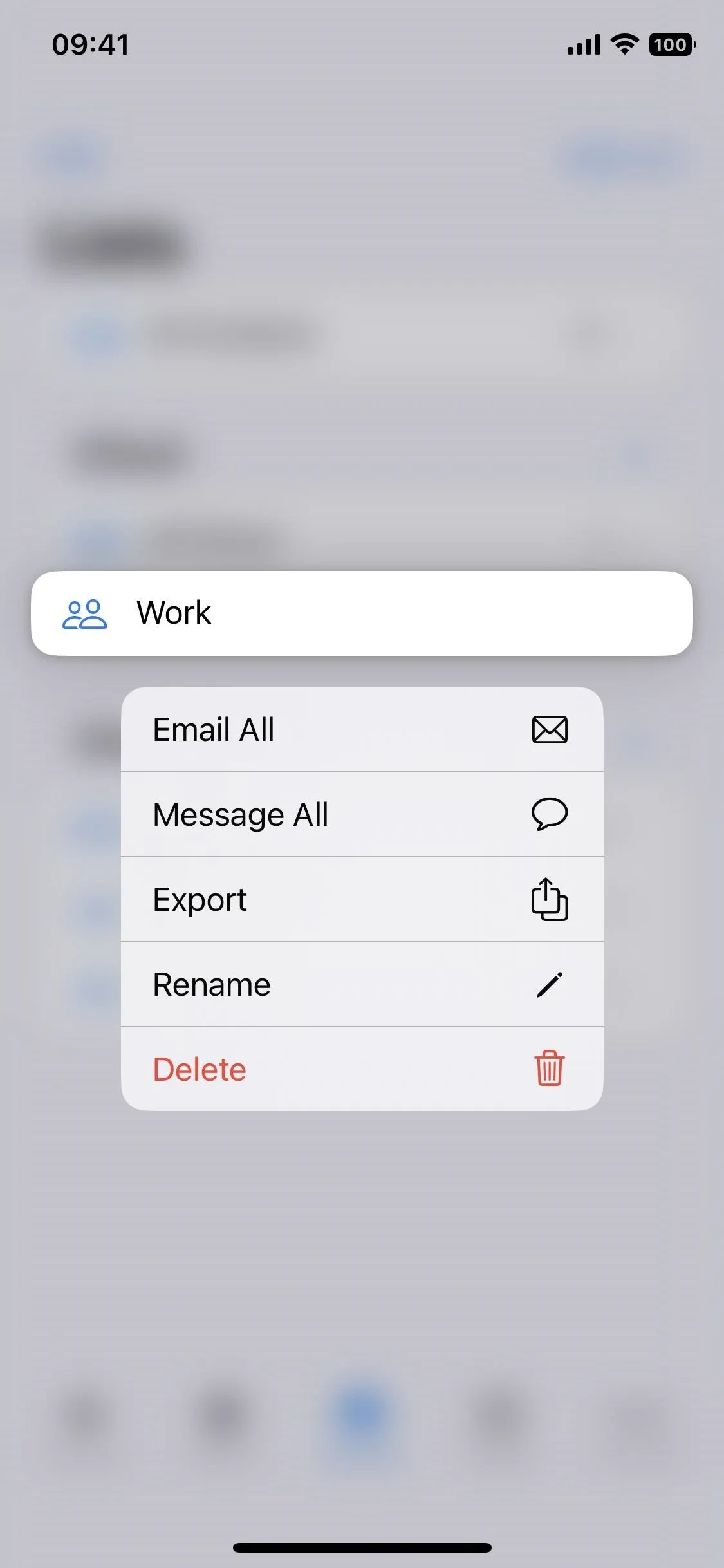 Mobile app interface showing options to email, message, export, and delete a file.