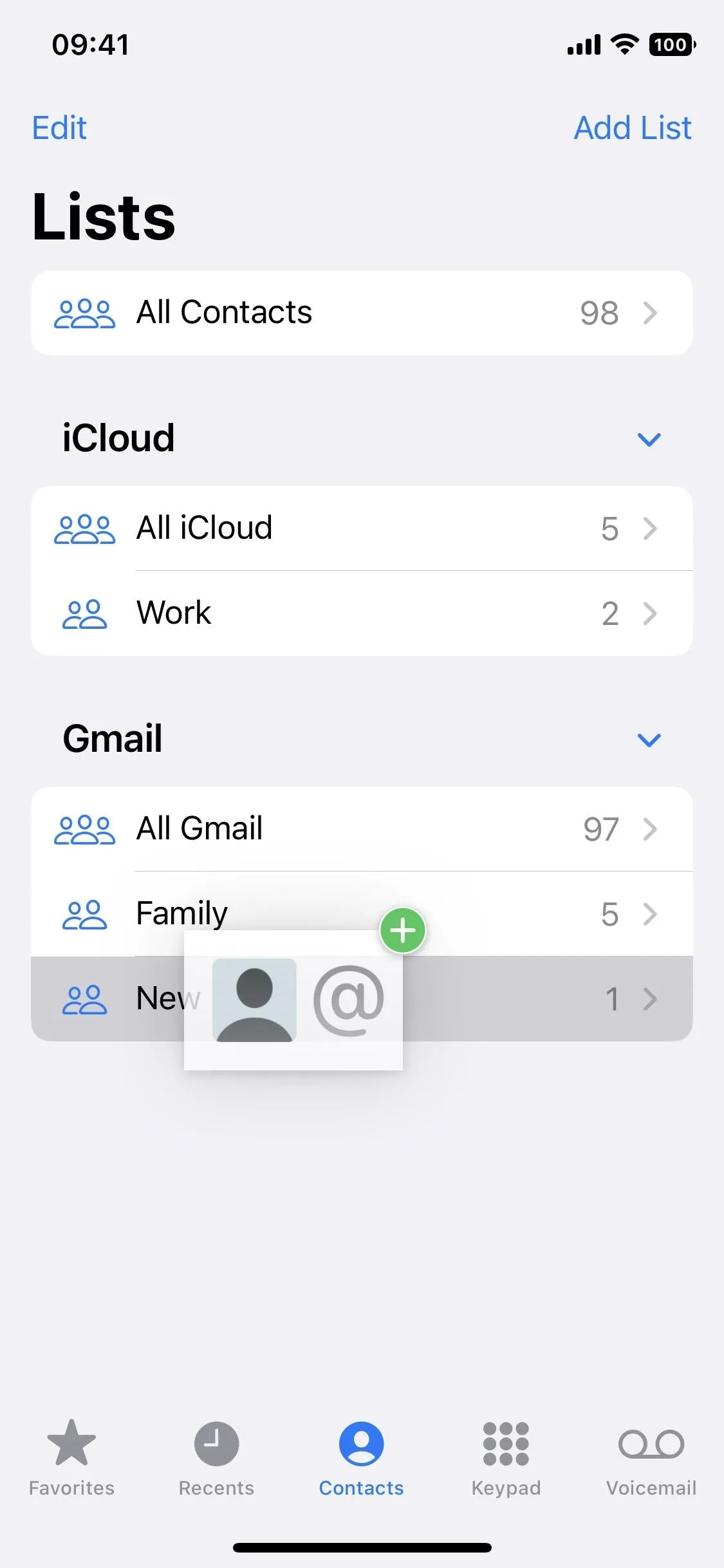 Lists including iCloud and Gmail categories on a mobile device.