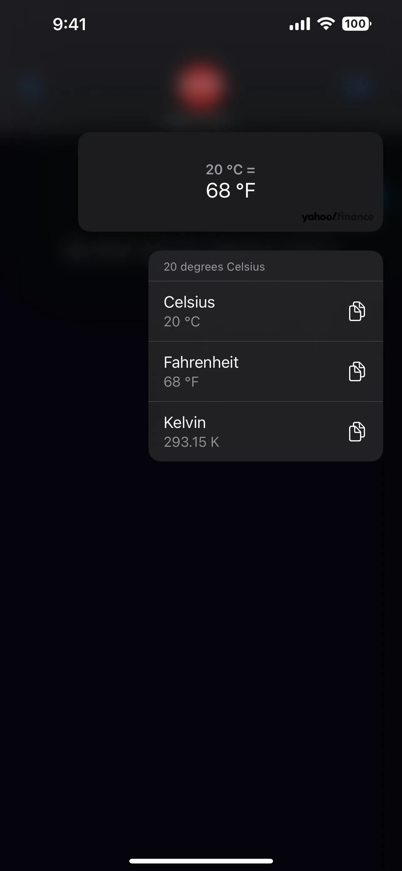 Current weather app interface showing temperature and location options.