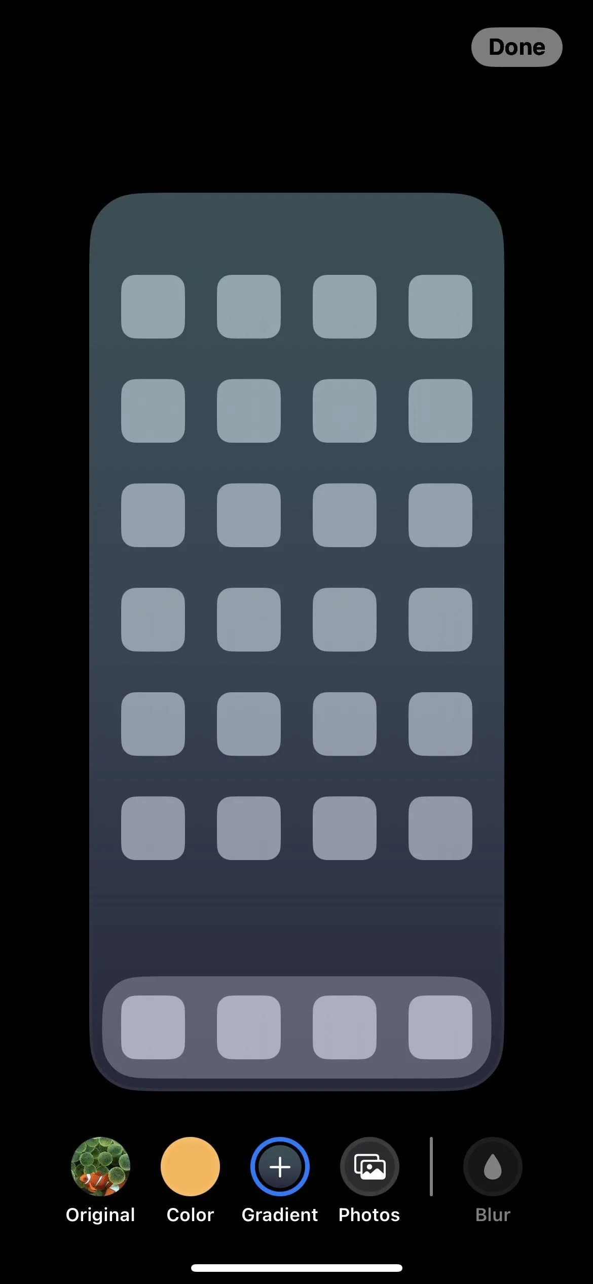 Smartphone screen with grid of app icons on a dark background.