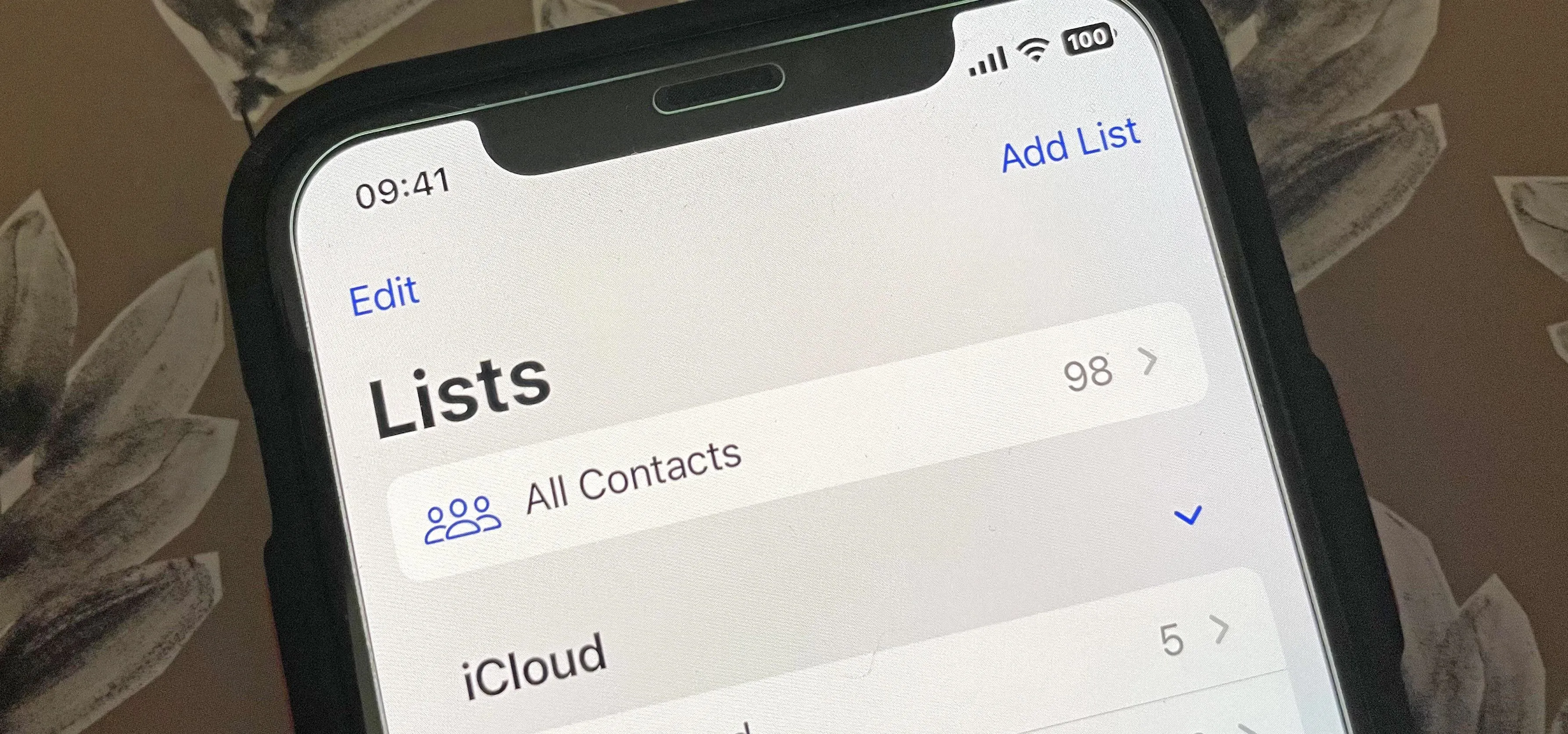 Contact list displayed on a smartphone screen.