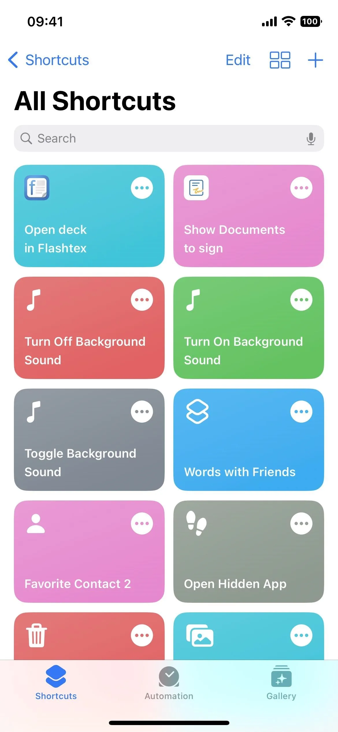 Screenshot of a mobile app displaying various shortcuts categorized by color.