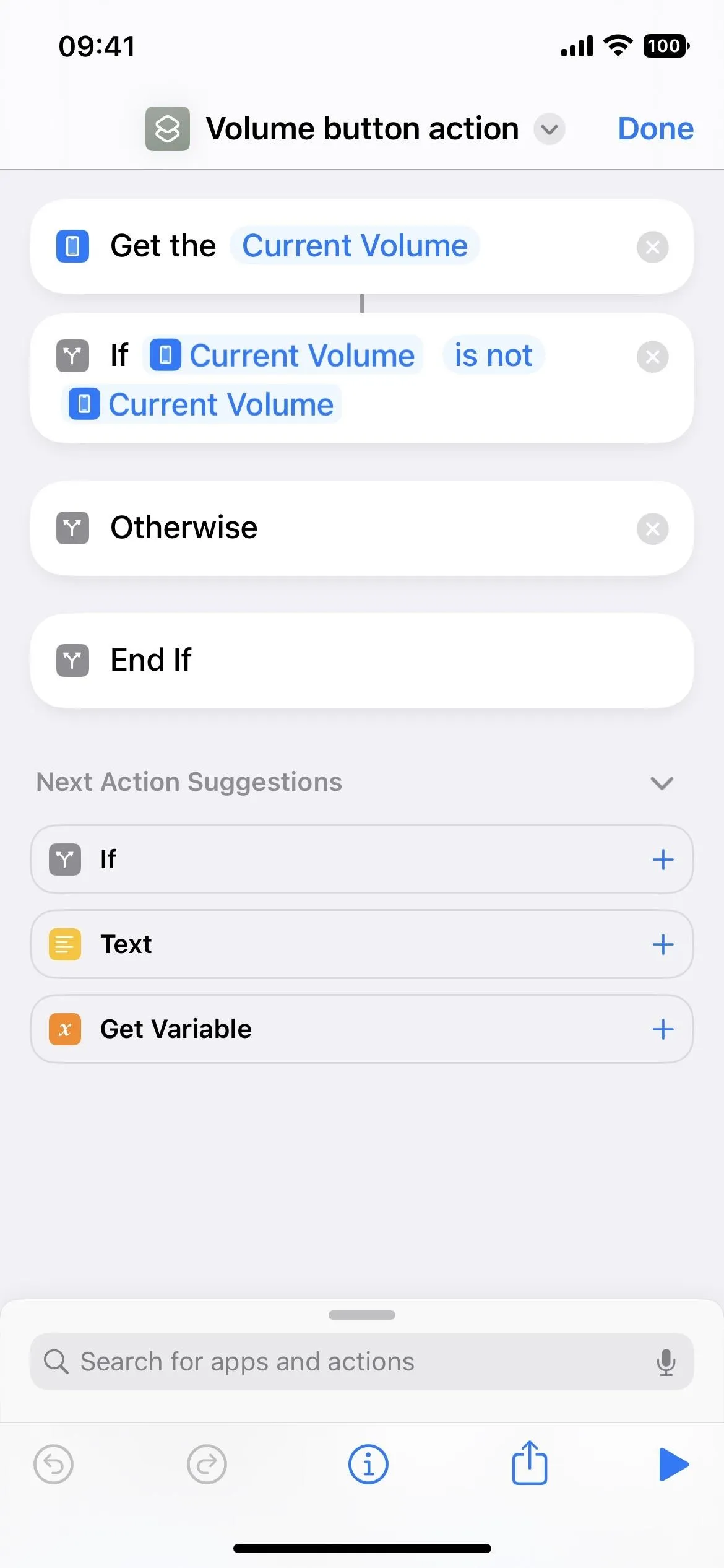 Volume button actions interface on a smartphone.