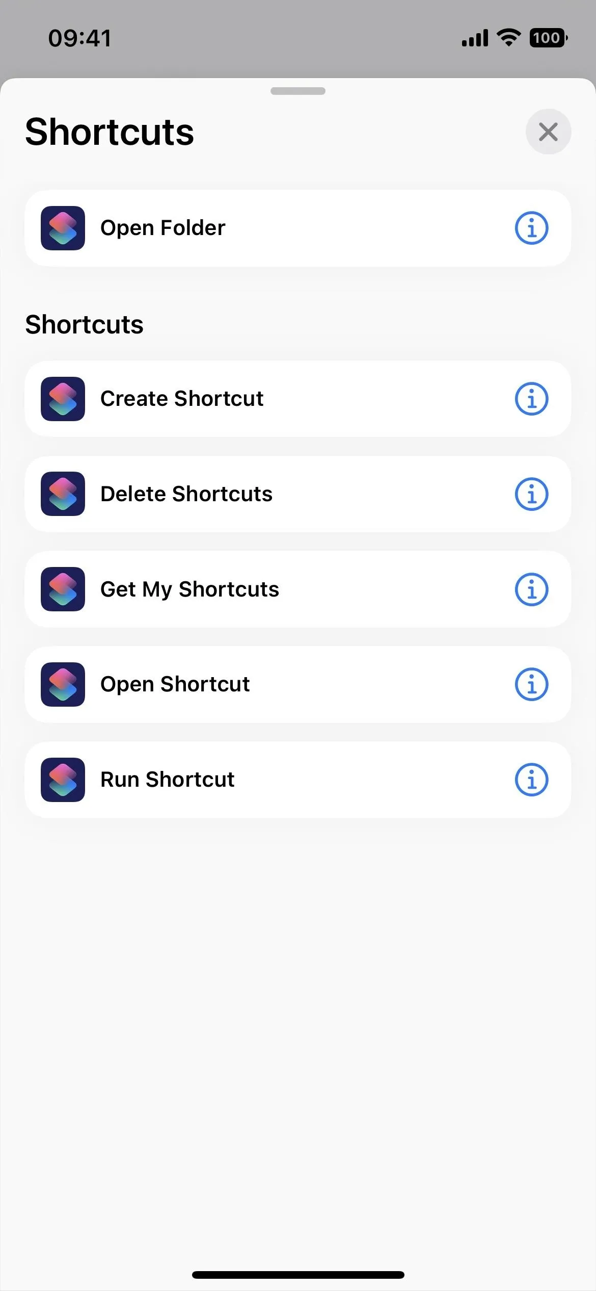 Screenshot of a mobile application interface displaying shortcuts and settings options.