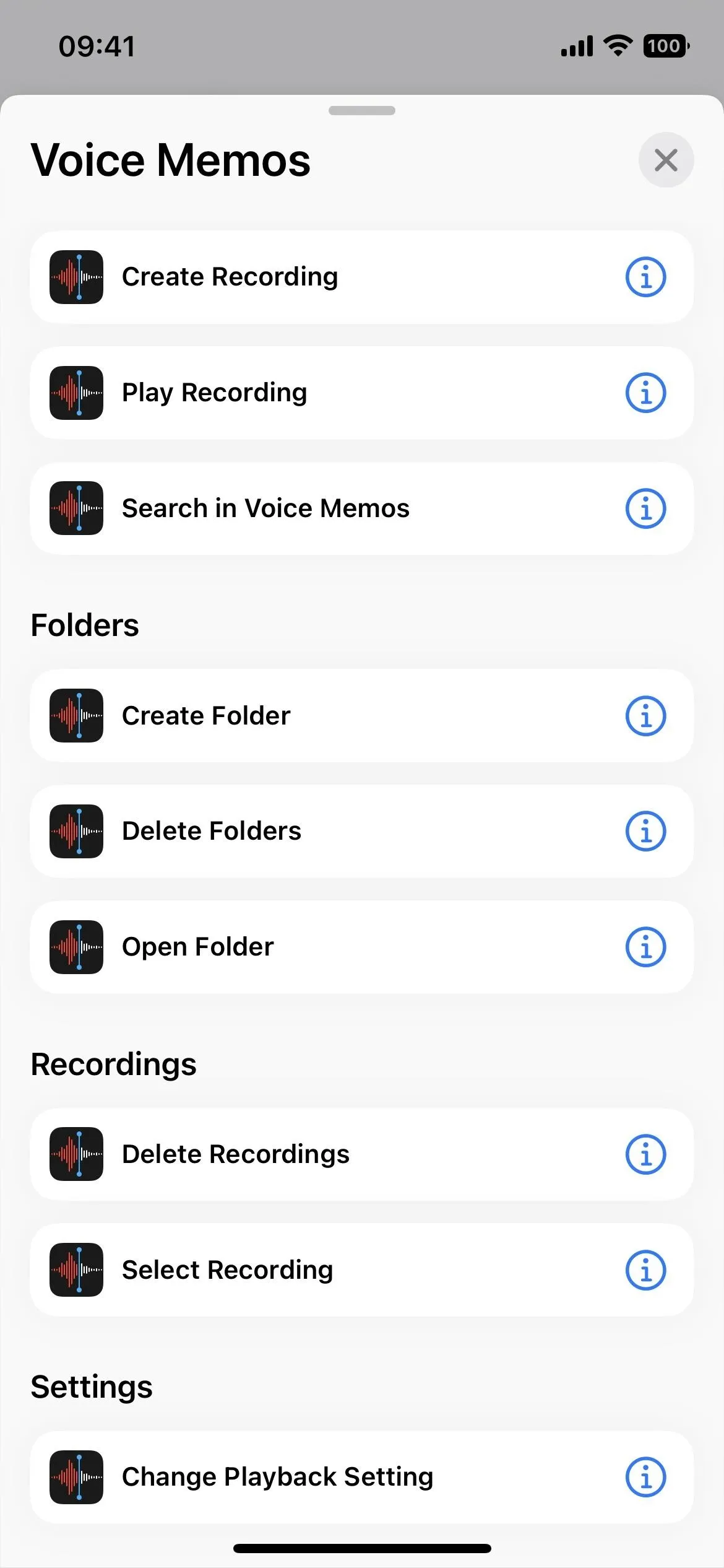 Voice memo app interface with options for creating and managing recordings.