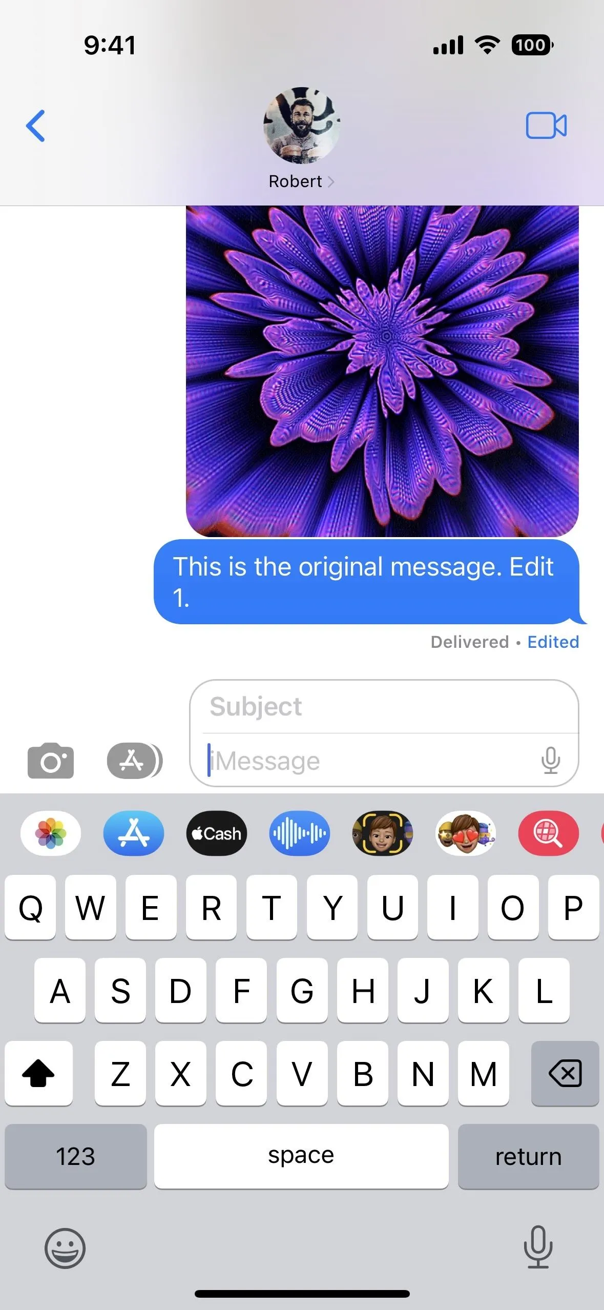 Purple flower image in a messaging app.