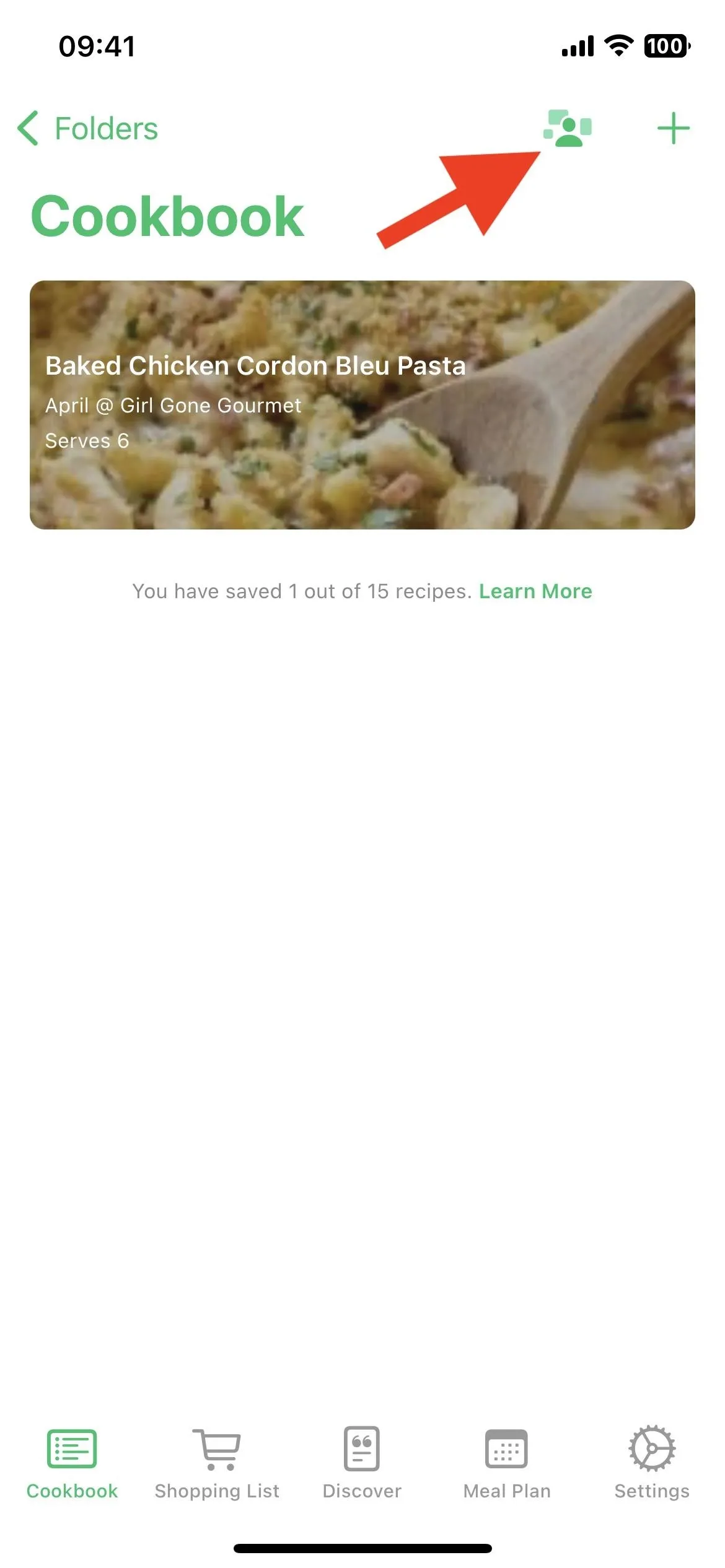 Cookbook app interface showing a dish, with navigation elements highlighted.