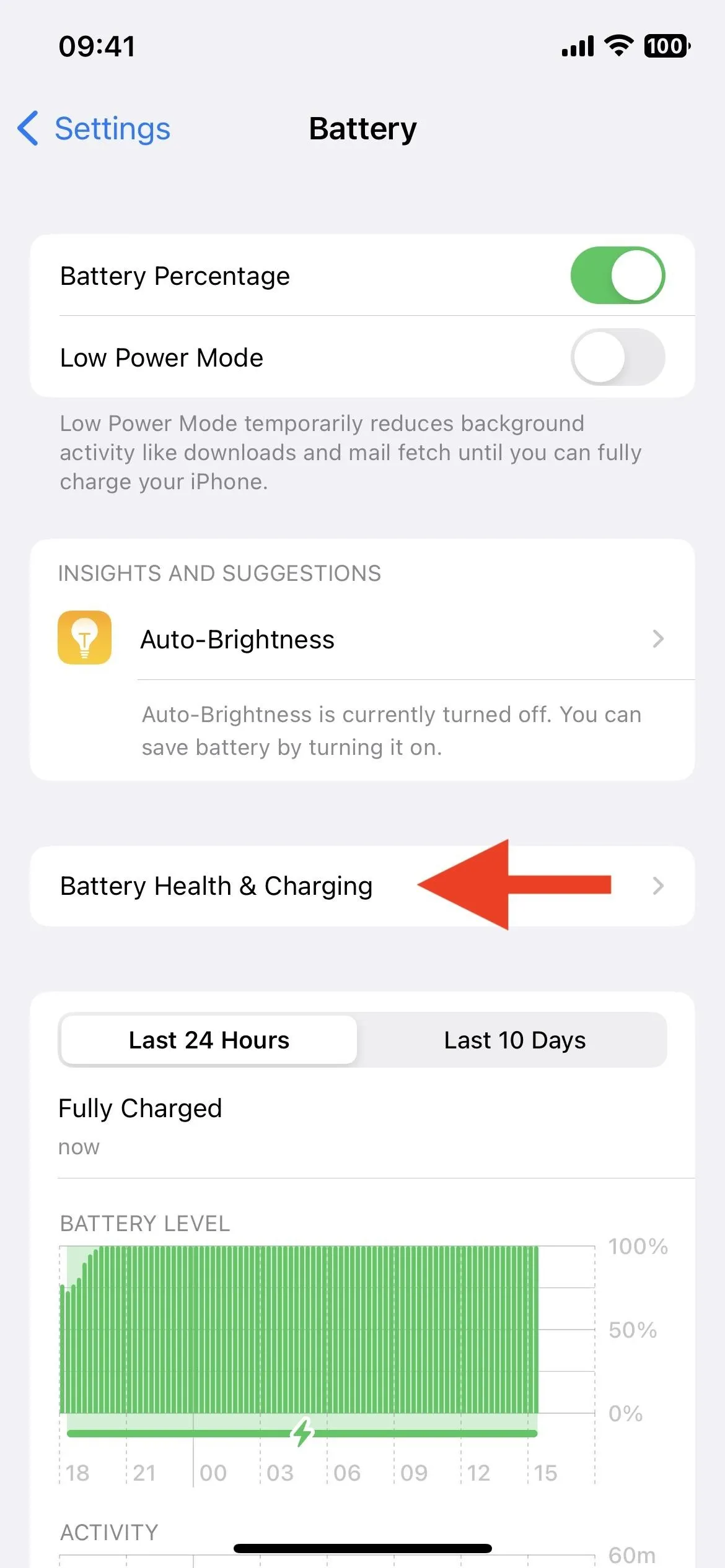 Battery settings screen showing percentage and charging options.