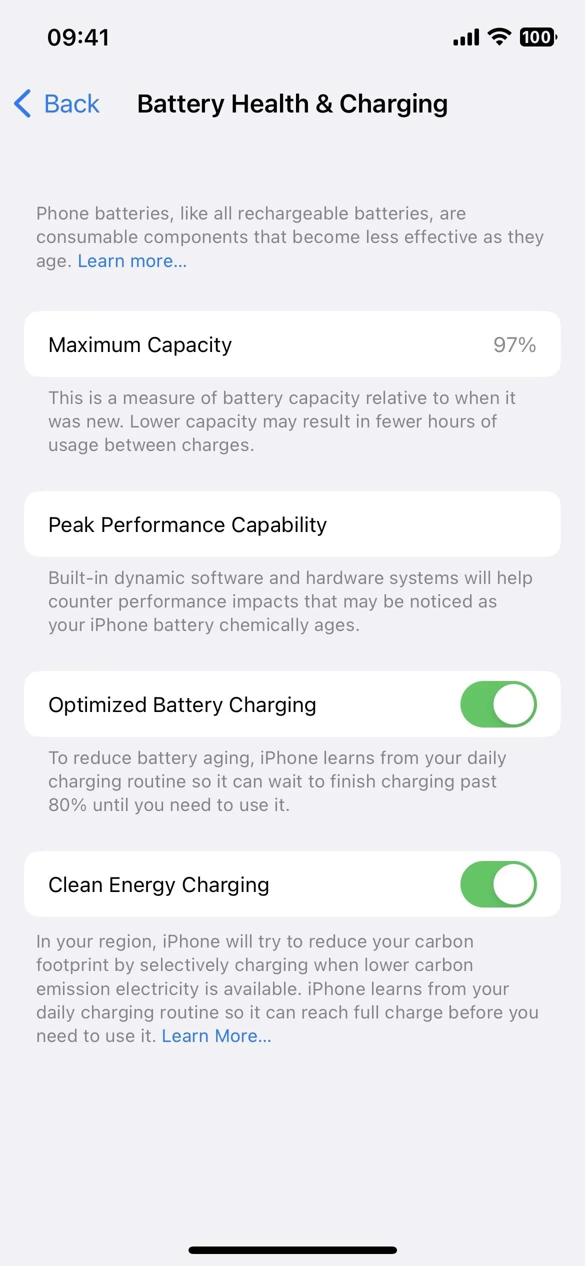 Battery health and charging settings on a smartphone screen.