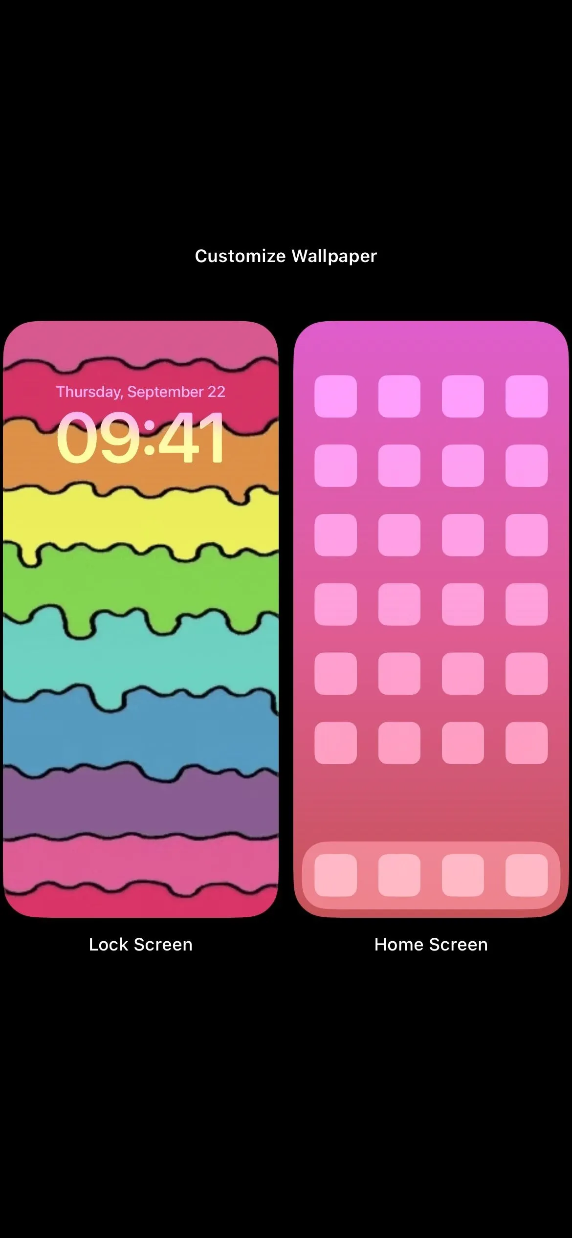 Colorful smartphone wallpaper featuring wavy stripes on the left and a grid of rounded app icons on the right.